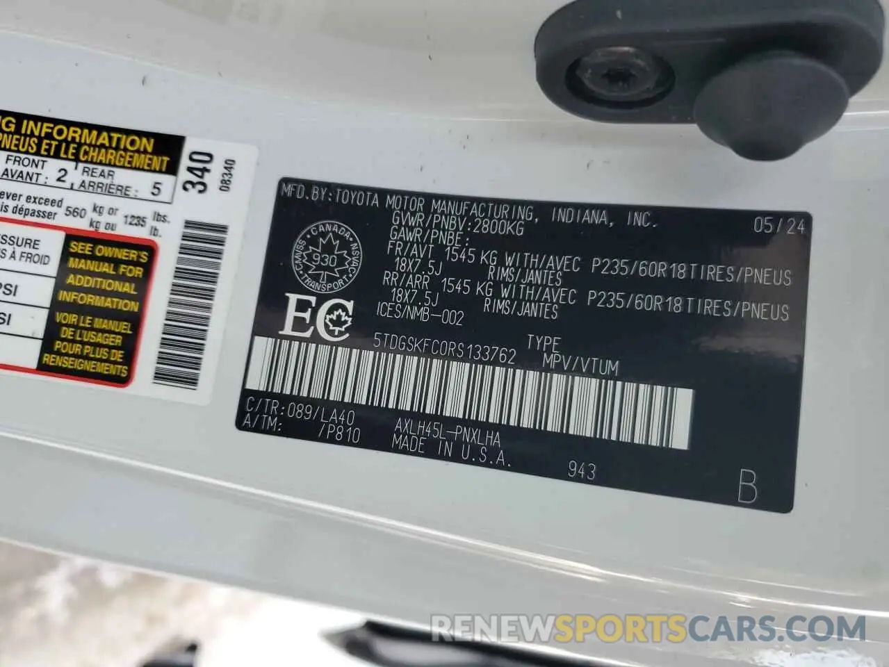 14 Photograph of a damaged car 5TDGSKFC0RS133762 TOYOTA All Models 2024