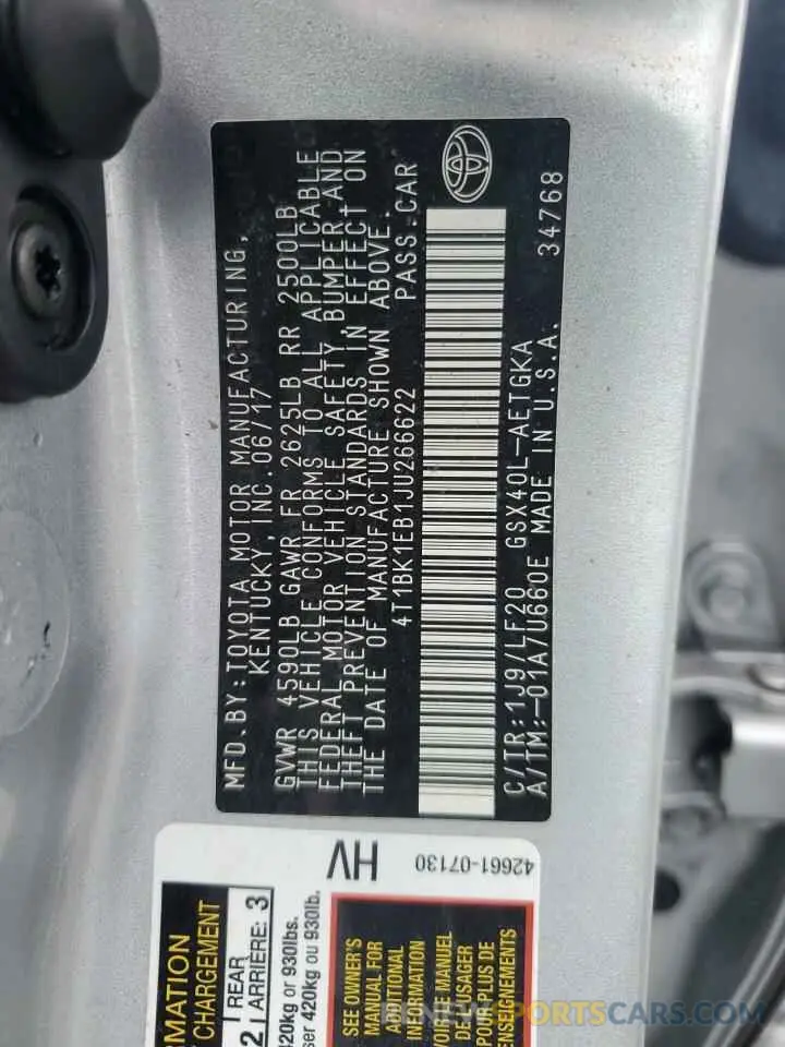 13 Фотография поврежденного автомобиля 4T1BK1EB1JU266622 TOYOTA AVALON 2018