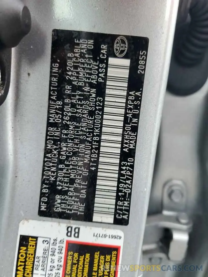 13 Photograph of a damaged car 4T1B21FB1KU002123 TOYOTA AVALON 2019