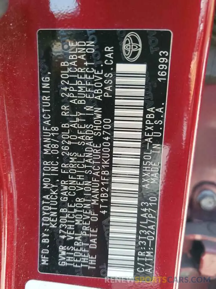12 Photograph of a damaged car 4T1B21FB1KU004700 TOYOTA AVALON 2019