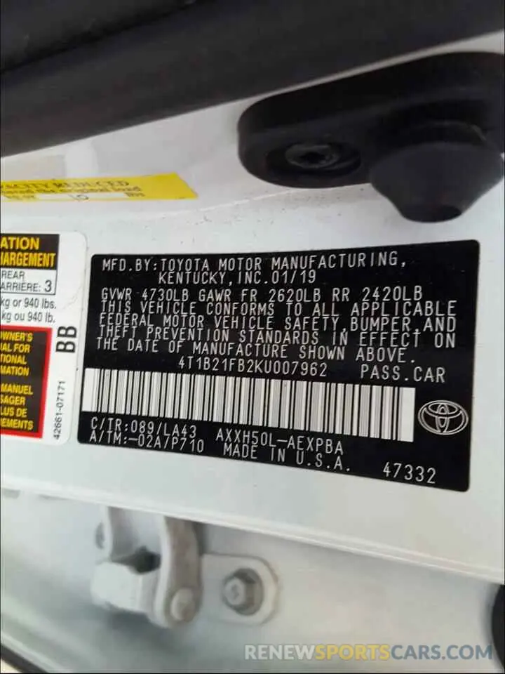 10 Photograph of a damaged car 4T1B21FB2KU007962 TOYOTA AVALON 2019