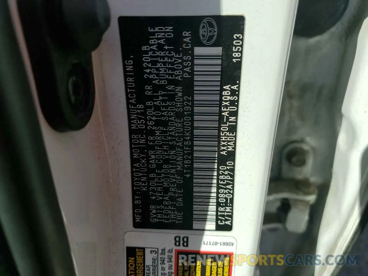12 Photograph of a damaged car 4T1B21FB4KU001922 TOYOTA AVALON 2019
