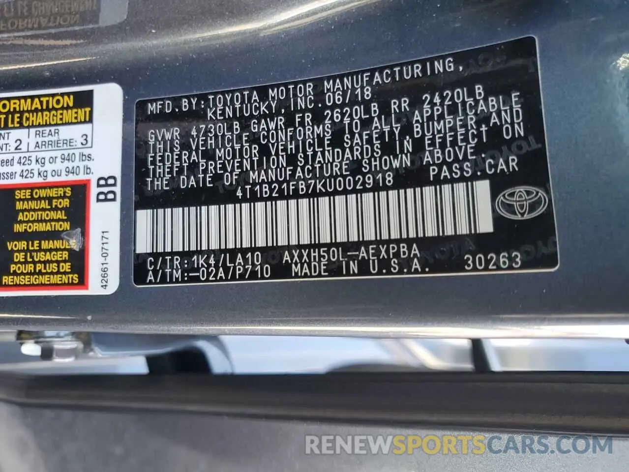 13 Фотография поврежденного автомобиля 4T1B21FB7KU002918 TOYOTA AVALON 2019