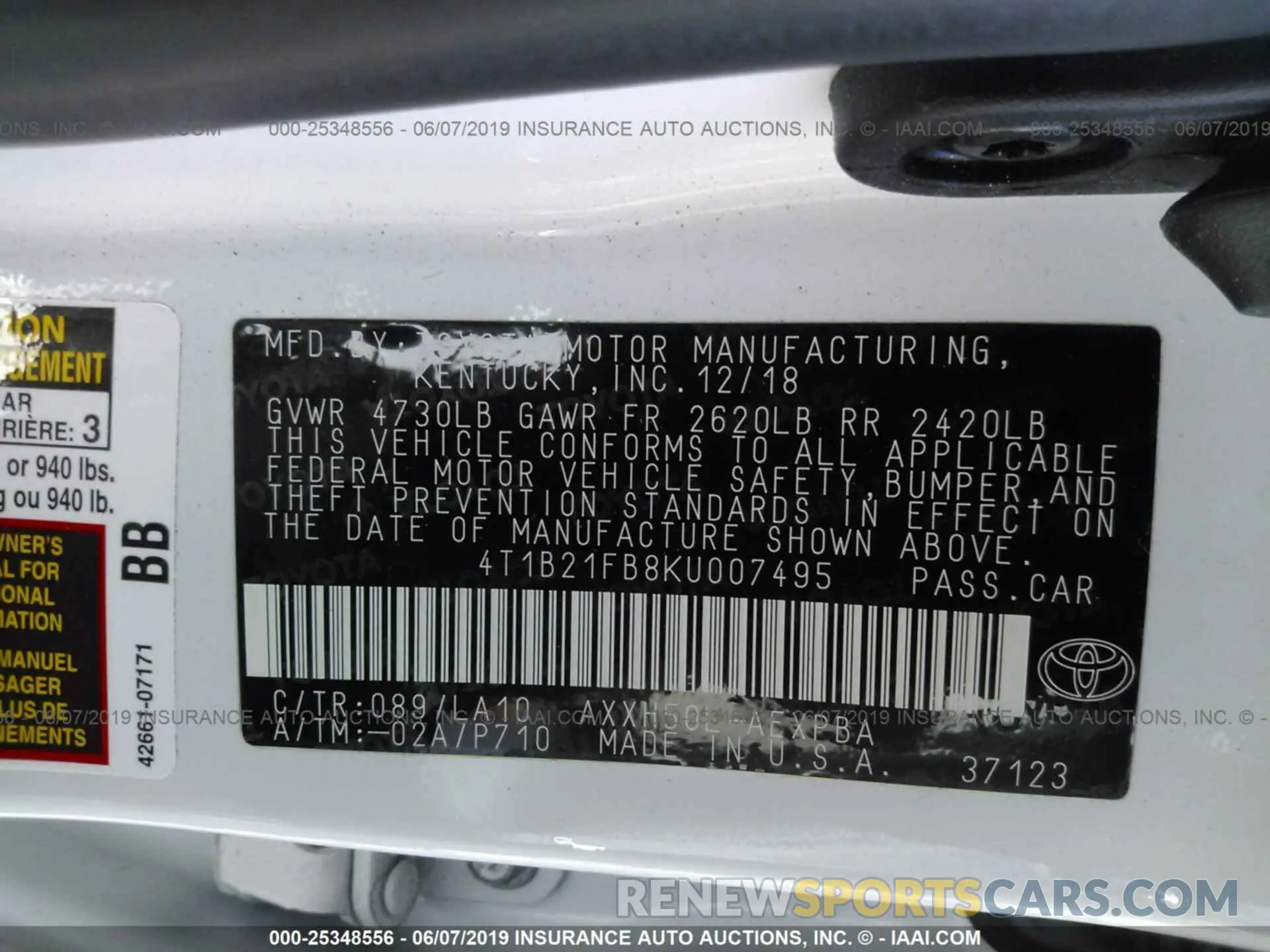 9 Photograph of a damaged car 4T1B21FB8KU007495 TOYOTA AVALON 2019