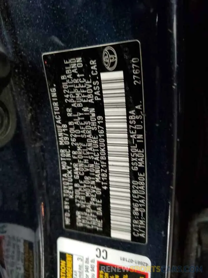12 Photograph of a damaged car 4T1BZ1FB0KU016719 TOYOTA AVALON 2019