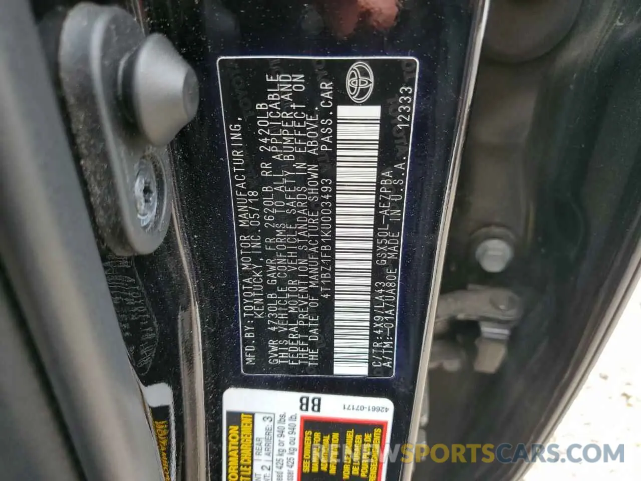 13 Фотография поврежденного автомобиля 4T1BZ1FB1KU003493 TOYOTA AVALON 2019