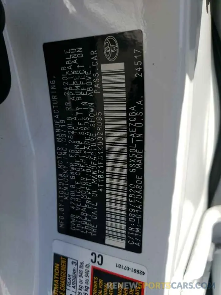 12 Photograph of a damaged car 4T1BZ1FB1KU028085 TOYOTA AVALON 2019