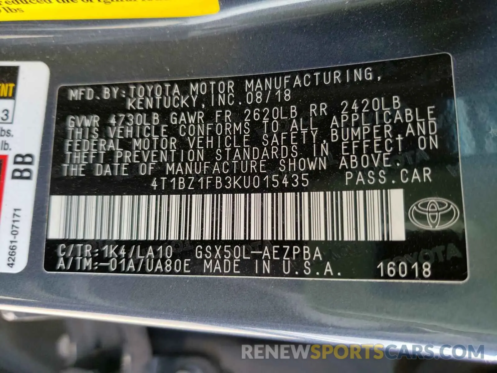 10 Photograph of a damaged car 4T1BZ1FB3KU015435 TOYOTA AVALON 2019