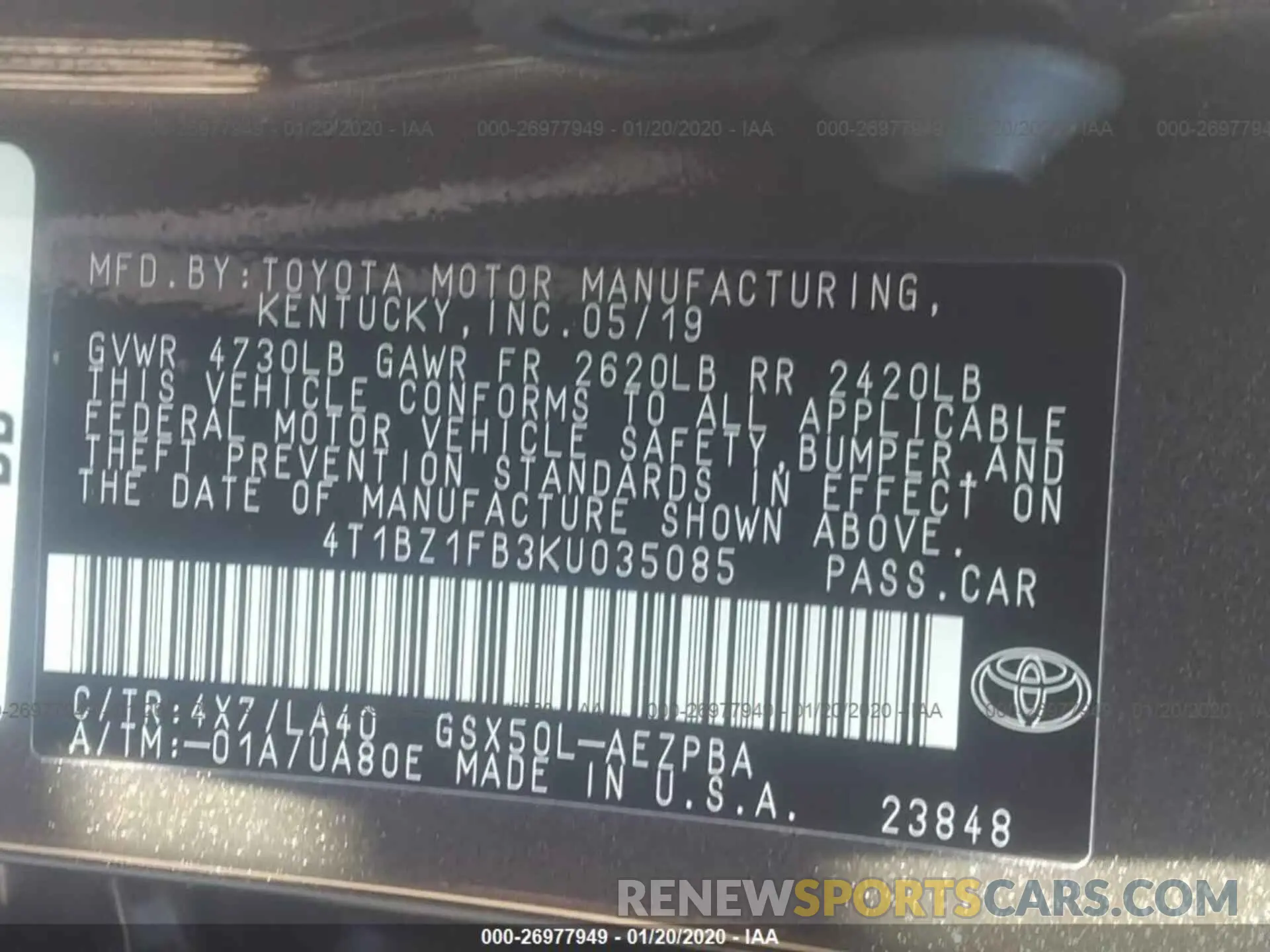 9 Photograph of a damaged car 4T1BZ1FB3KU035085 TOYOTA AVALON 2019