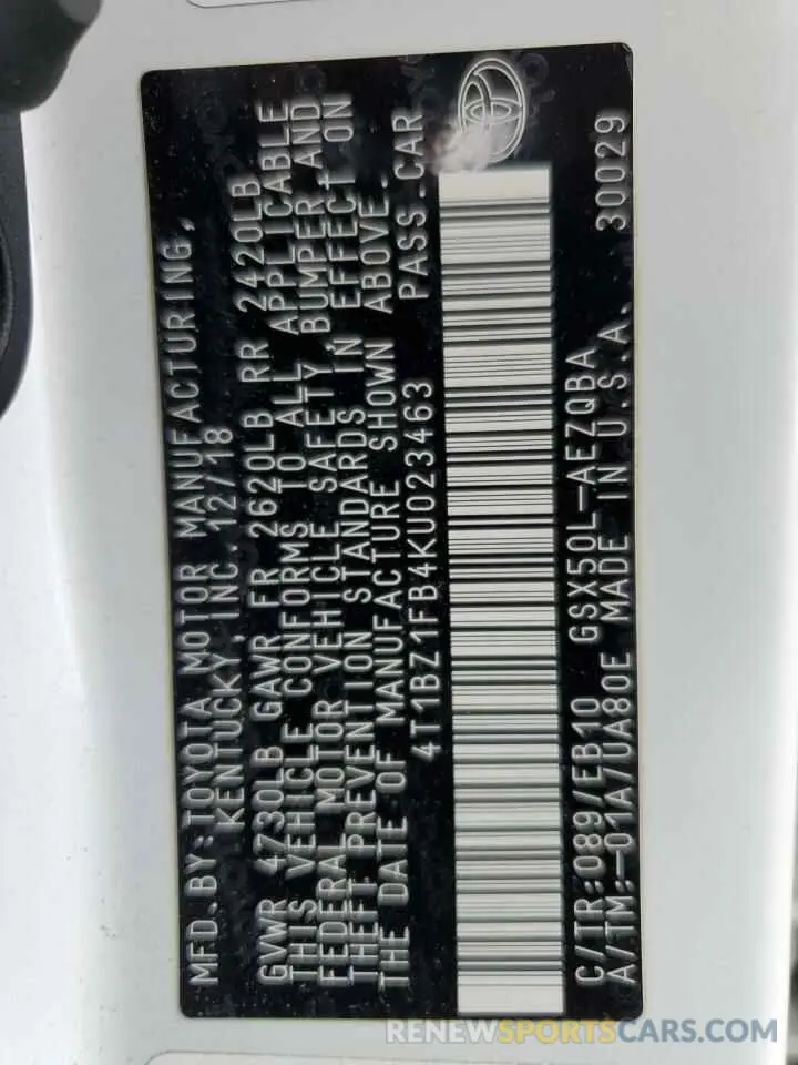 12 Фотография поврежденного автомобиля 4T1BZ1FB4KU023463 TOYOTA AVALON 2019