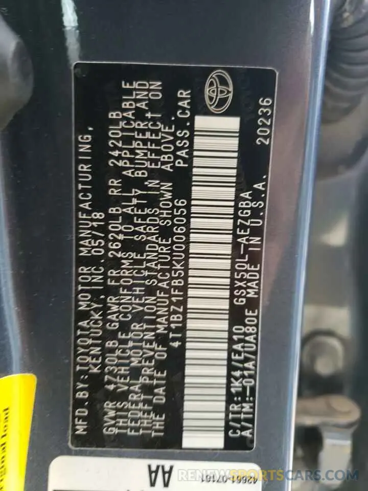 12 Фотография поврежденного автомобиля 4T1BZ1FB5KU006056 TOYOTA AVALON 2019
