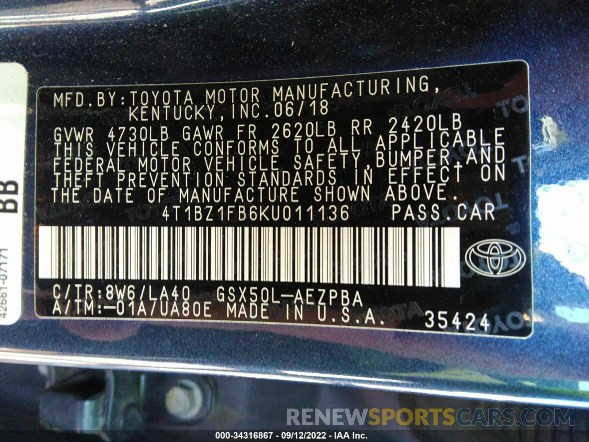 9 Photograph of a damaged car 4T1BZ1FB6KU011136 TOYOTA AVALON 2019
