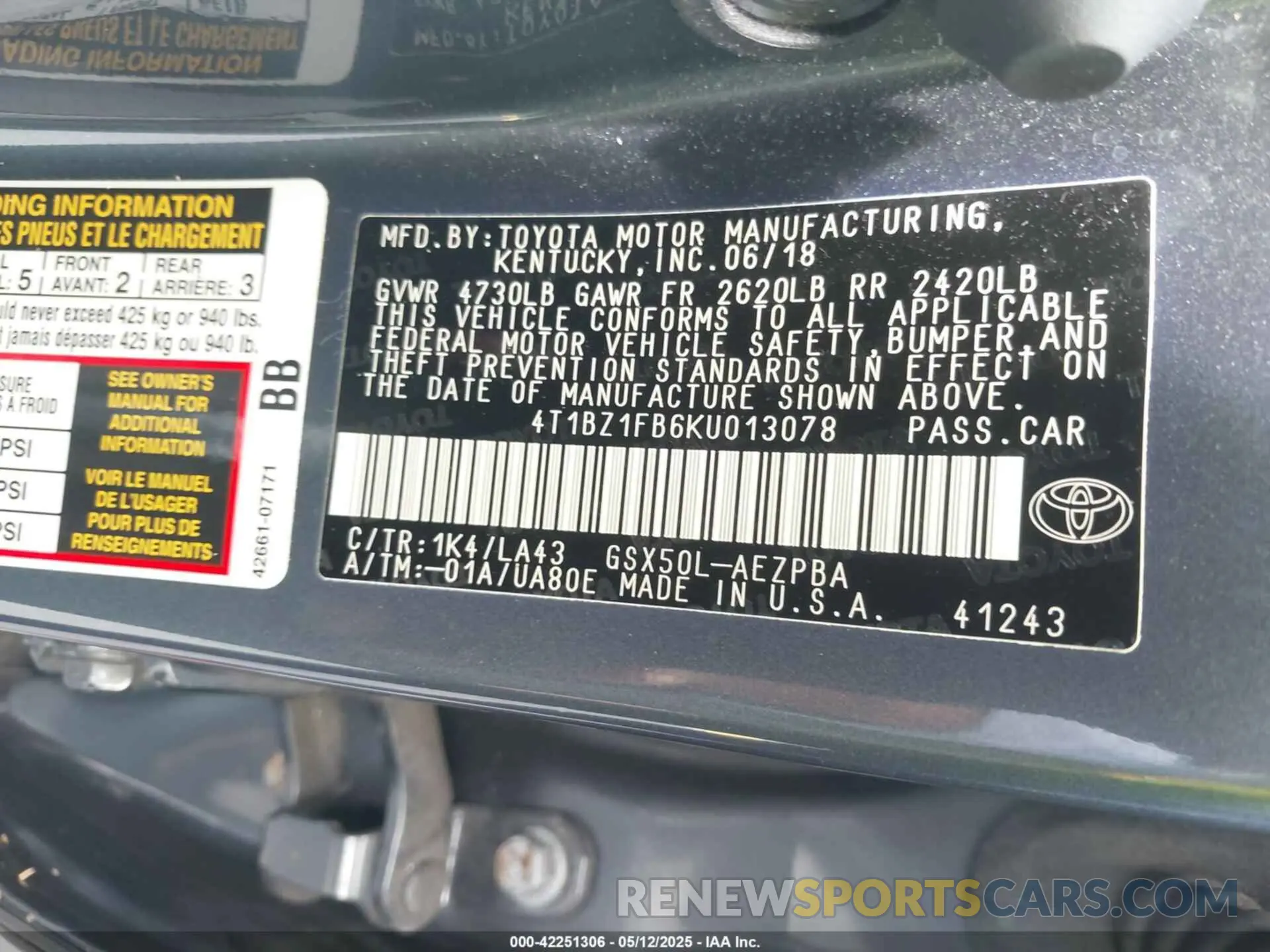 9 Фотография поврежденного автомобиля 4T1BZ1FB6KU013078 TOYOTA AVALON 2019