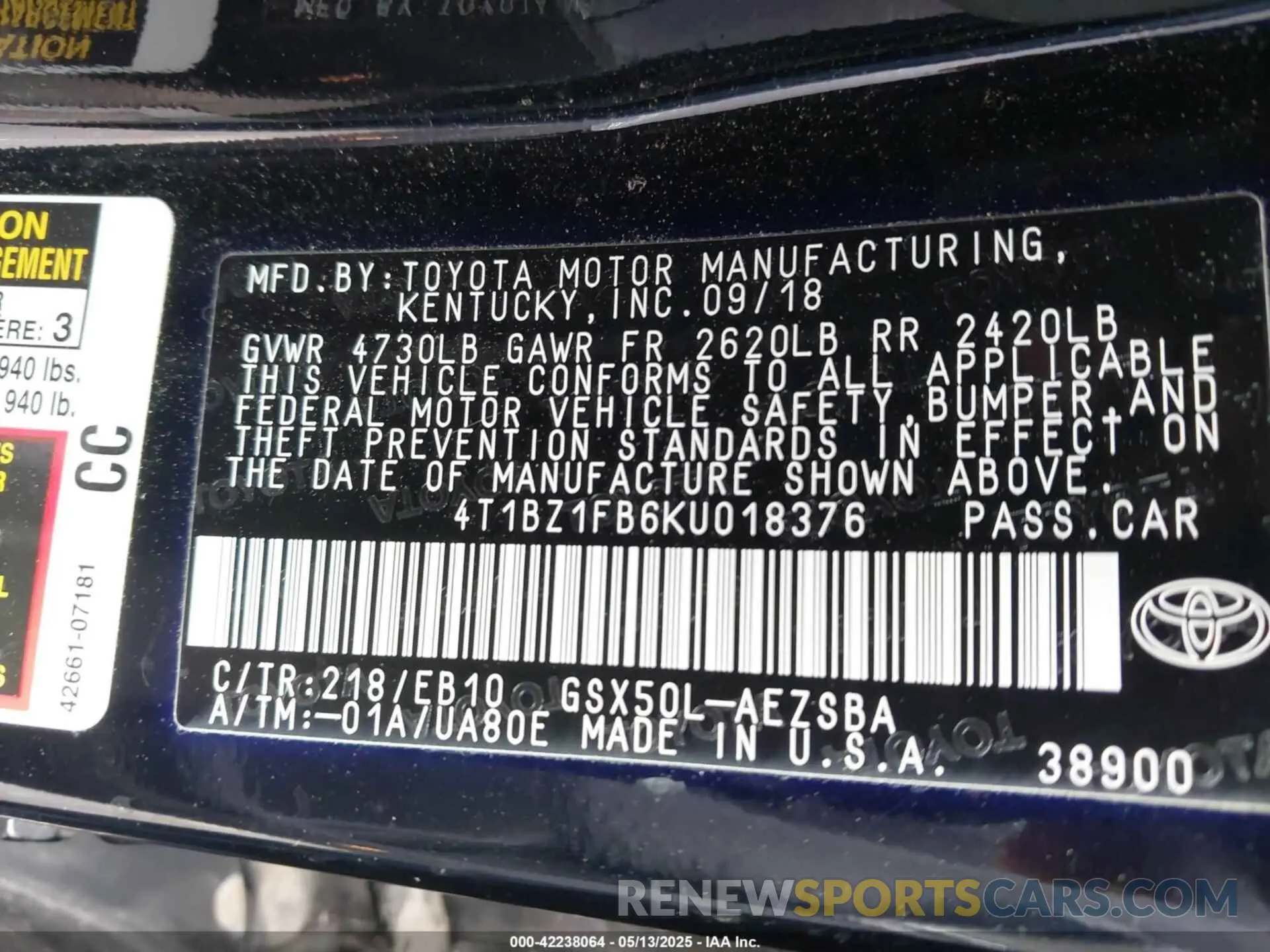 9 Фотография поврежденного автомобиля 4T1BZ1FB6KU018376 TOYOTA AVALON 2019