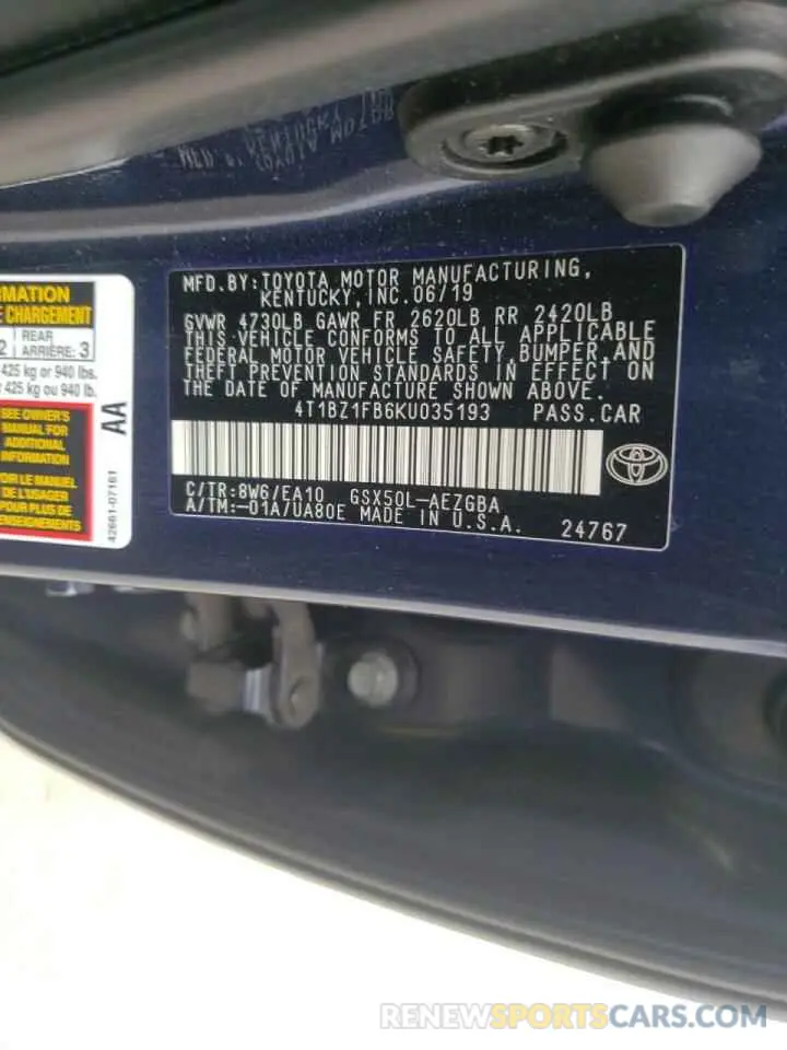 10 Photograph of a damaged car 4T1BZ1FB6KU035193 TOYOTA AVALON 2019