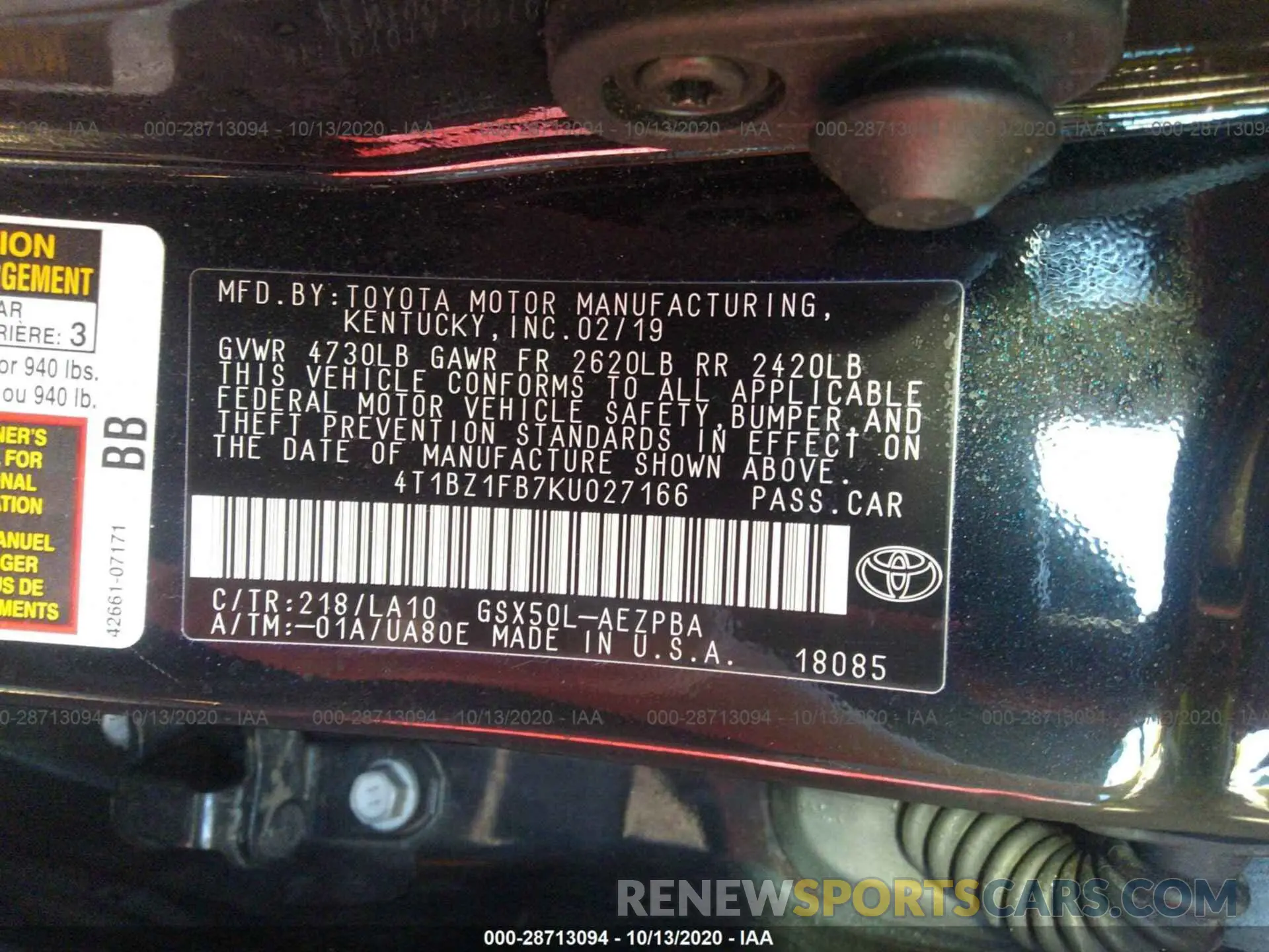 9 Photograph of a damaged car 4T1BZ1FB7KU027166 TOYOTA AVALON 2019