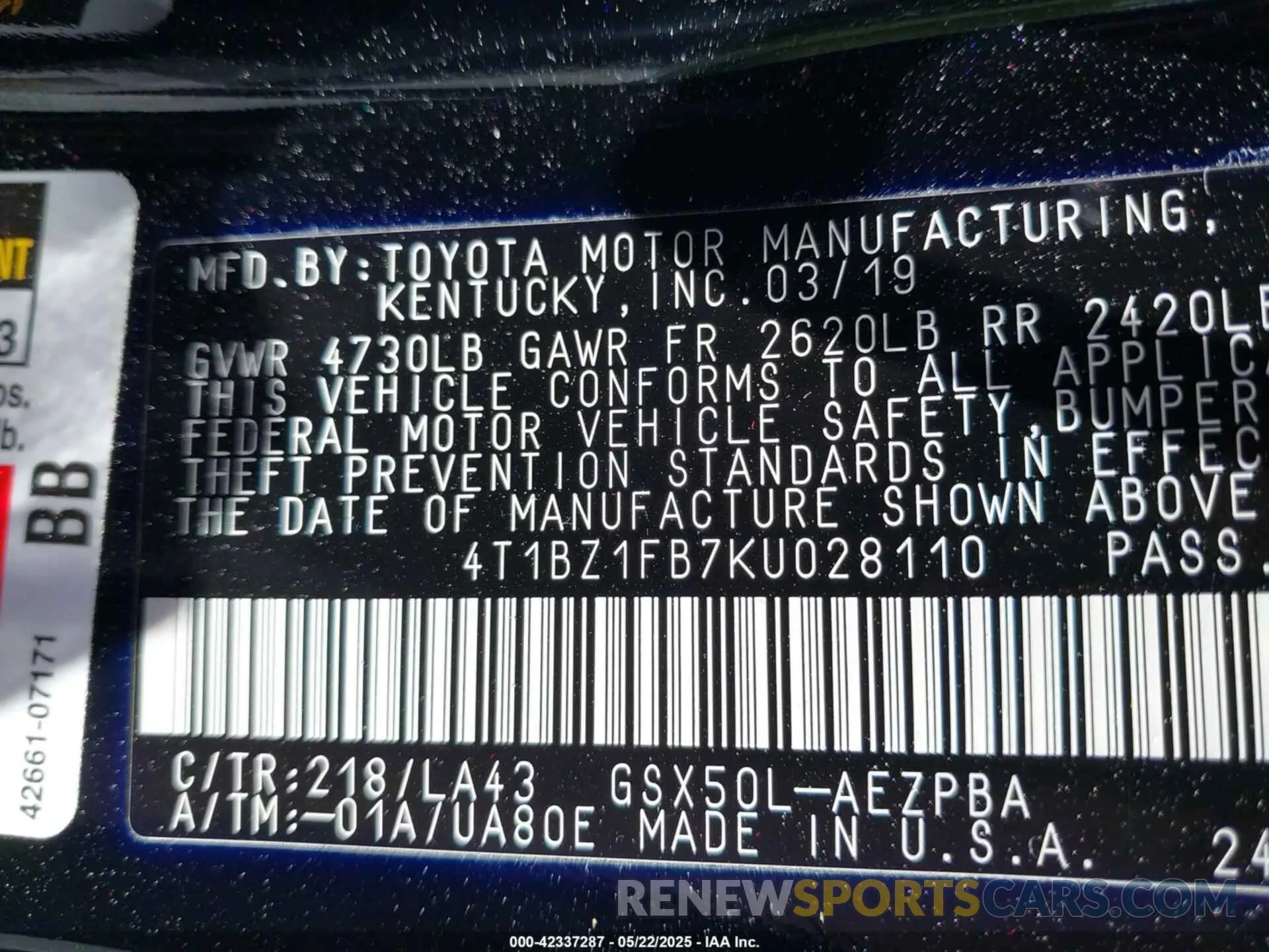 9 Photograph of a damaged car 4T1BZ1FB7KU028110 TOYOTA AVALON 2019