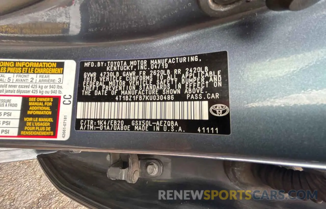 10 Photograph of a damaged car 4T1BZ1FB7KU030486 TOYOTA AVALON 2019