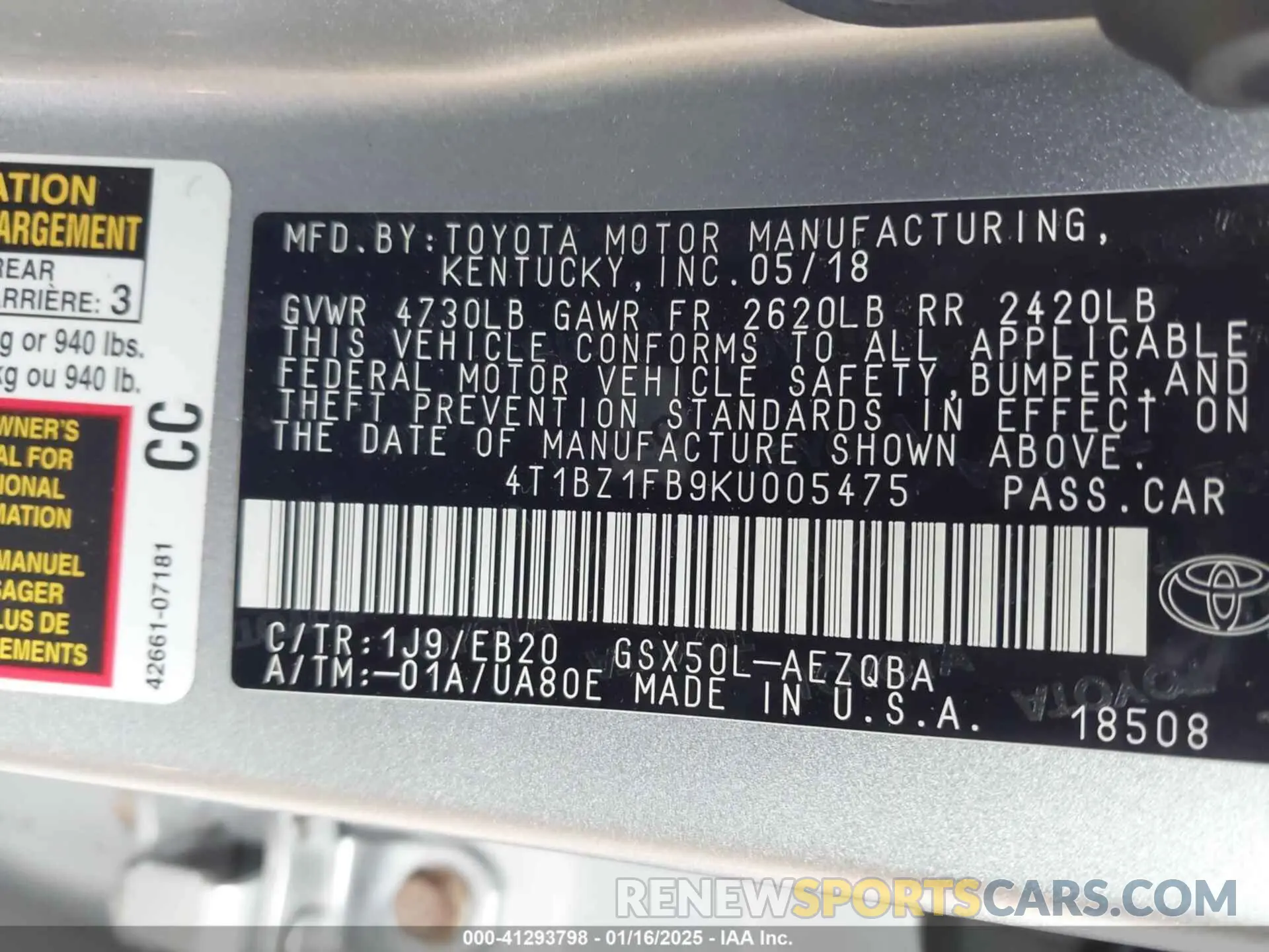 9 Photograph of a damaged car 4T1BZ1FB9KU005475 TOYOTA AVALON 2019