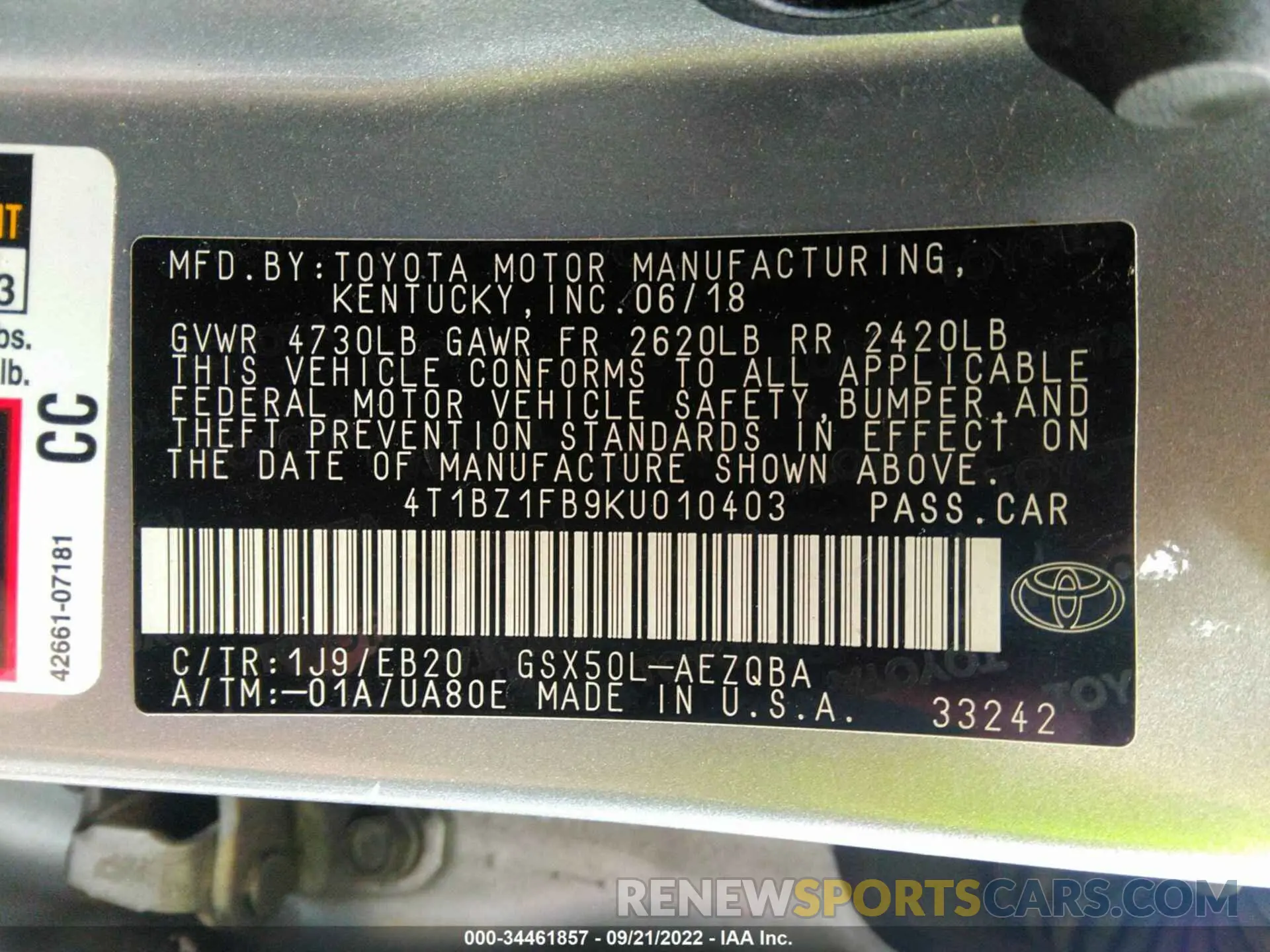 9 Photograph of a damaged car 4T1BZ1FB9KU010403 TOYOTA AVALON 2019