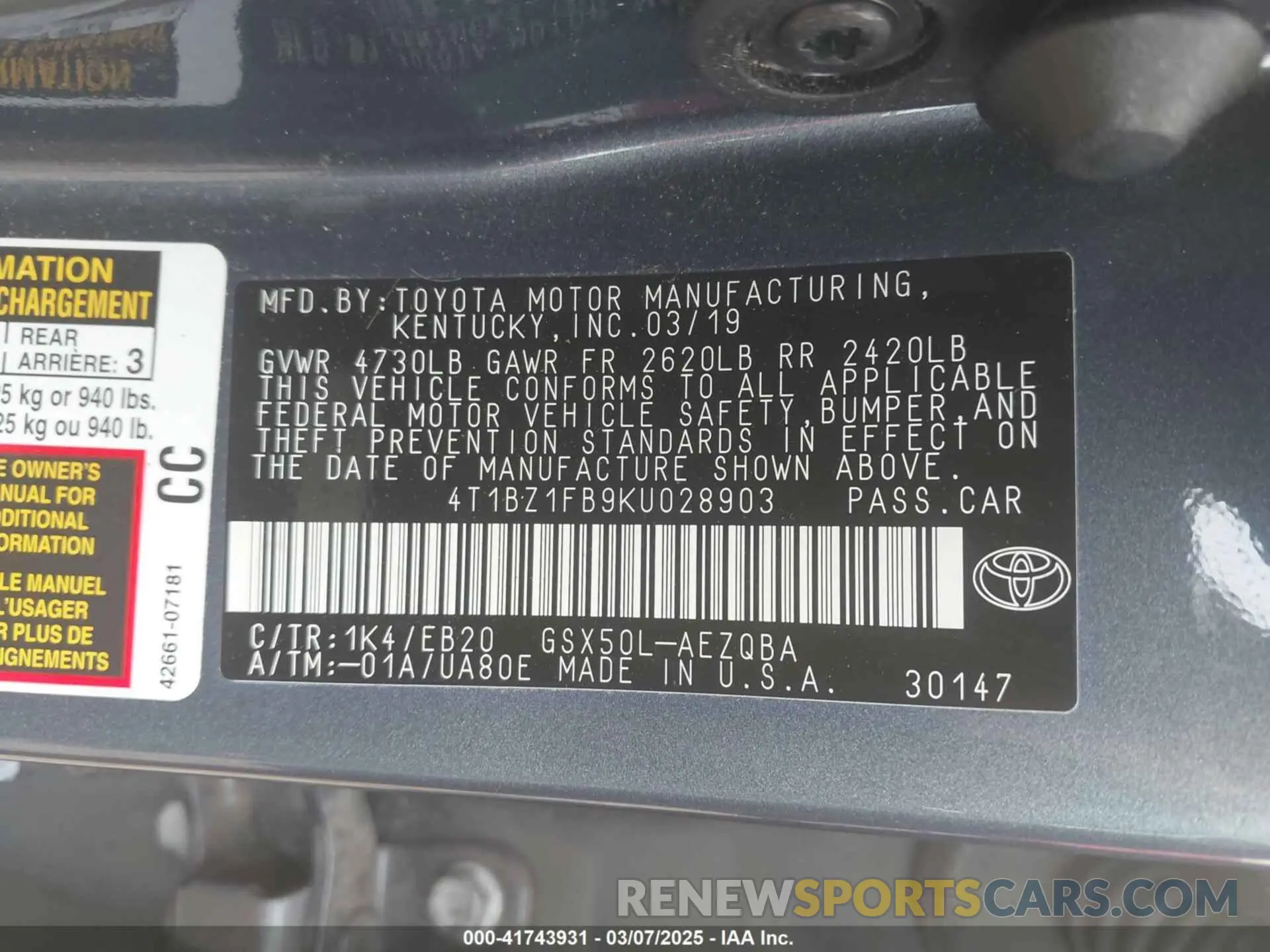9 Фотография поврежденного автомобиля 4T1BZ1FB9KU028903 TOYOTA AVALON 2019