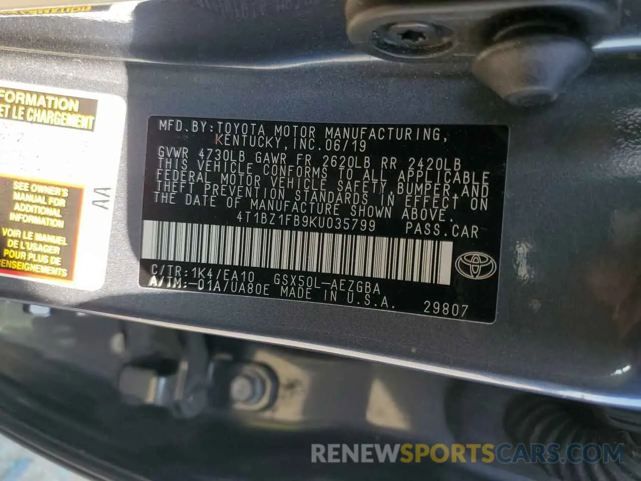 12 Photograph of a damaged car 4T1BZ1FB9KU035799 TOYOTA AVALON 2019
