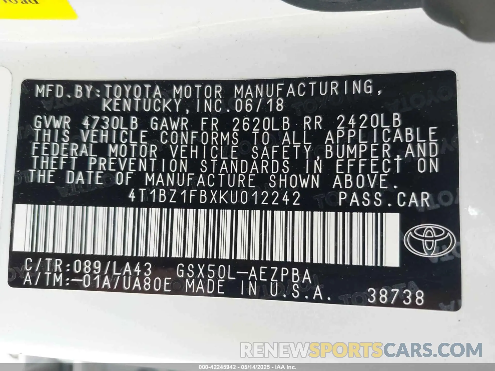9 Photograph of a damaged car 4T1BZ1FBXKU012242 TOYOTA AVALON 2019