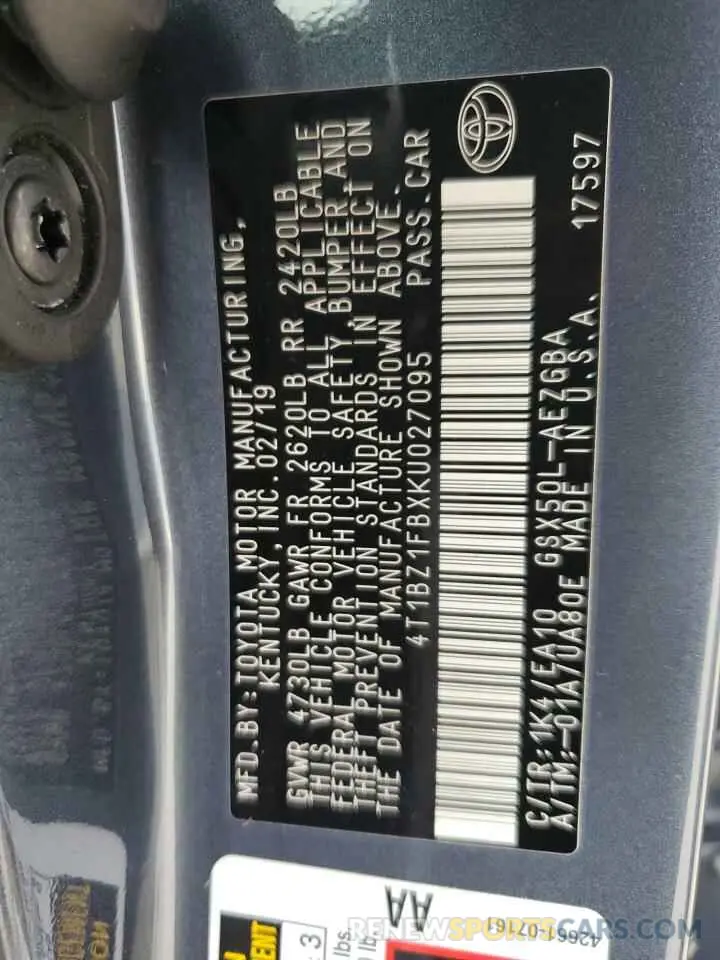 13 Фотография поврежденного автомобиля 4T1BZ1FBXKU027095 TOYOTA AVALON 2019