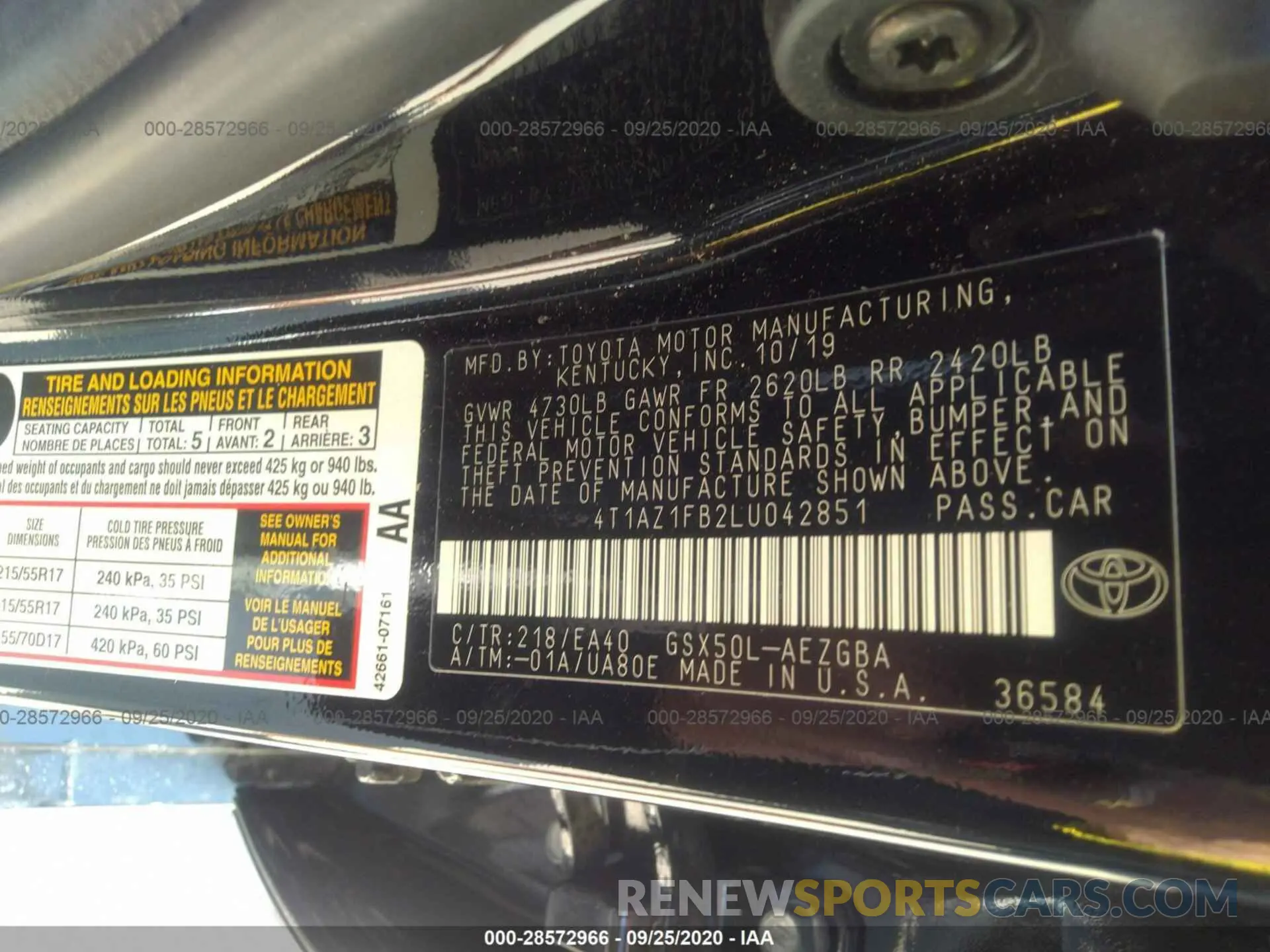 9 Photograph of a damaged car 4T1AZ1FB2LU042851 TOYOTA AVALON 2020