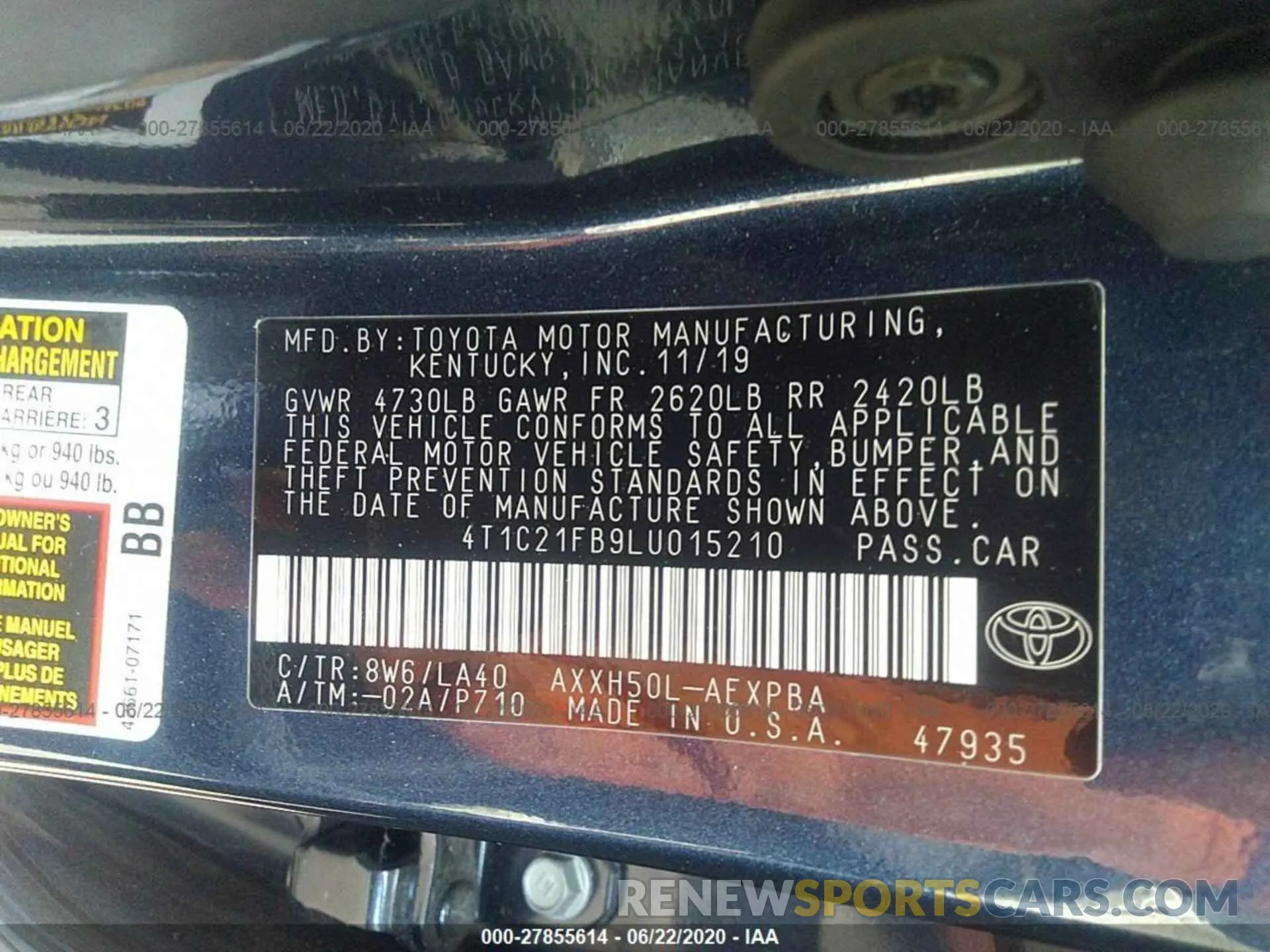 9 Photograph of a damaged car 4T1C21FB9LU015210 TOYOTA AVALON 2020