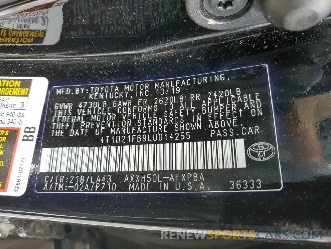 12 Photograph of a damaged car 4T1D21FB9LU014255 TOYOTA AVALON 2020