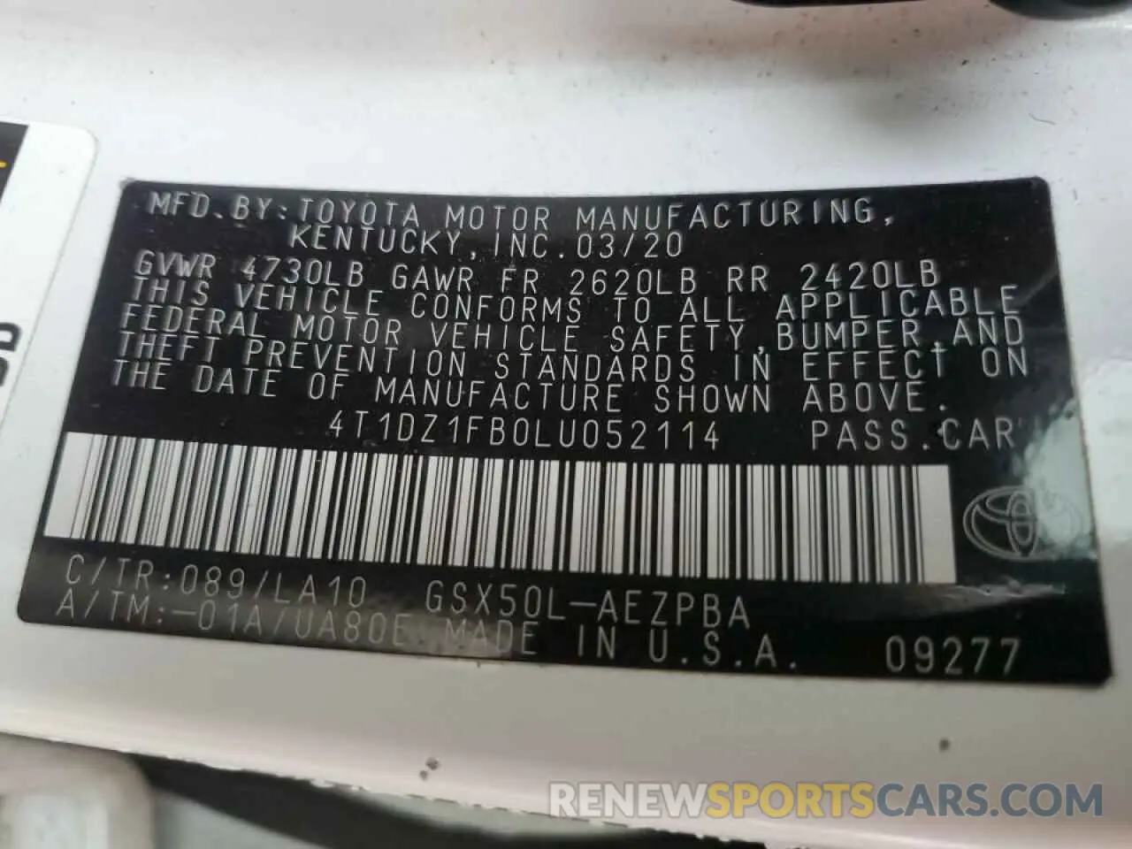 12 Photograph of a damaged car 4T1DZ1FB0LU052114 TOYOTA AVALON 2020