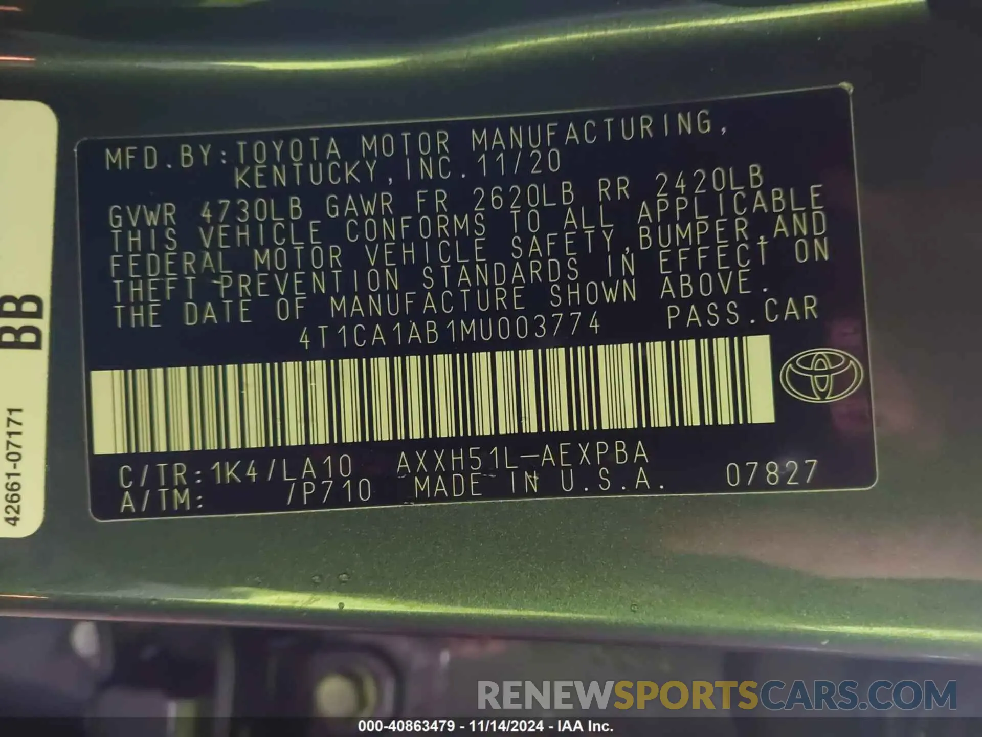 9 Фотография поврежденного автомобиля 4T1CA1AB1MU003774 TOYOTA AVALON 2021