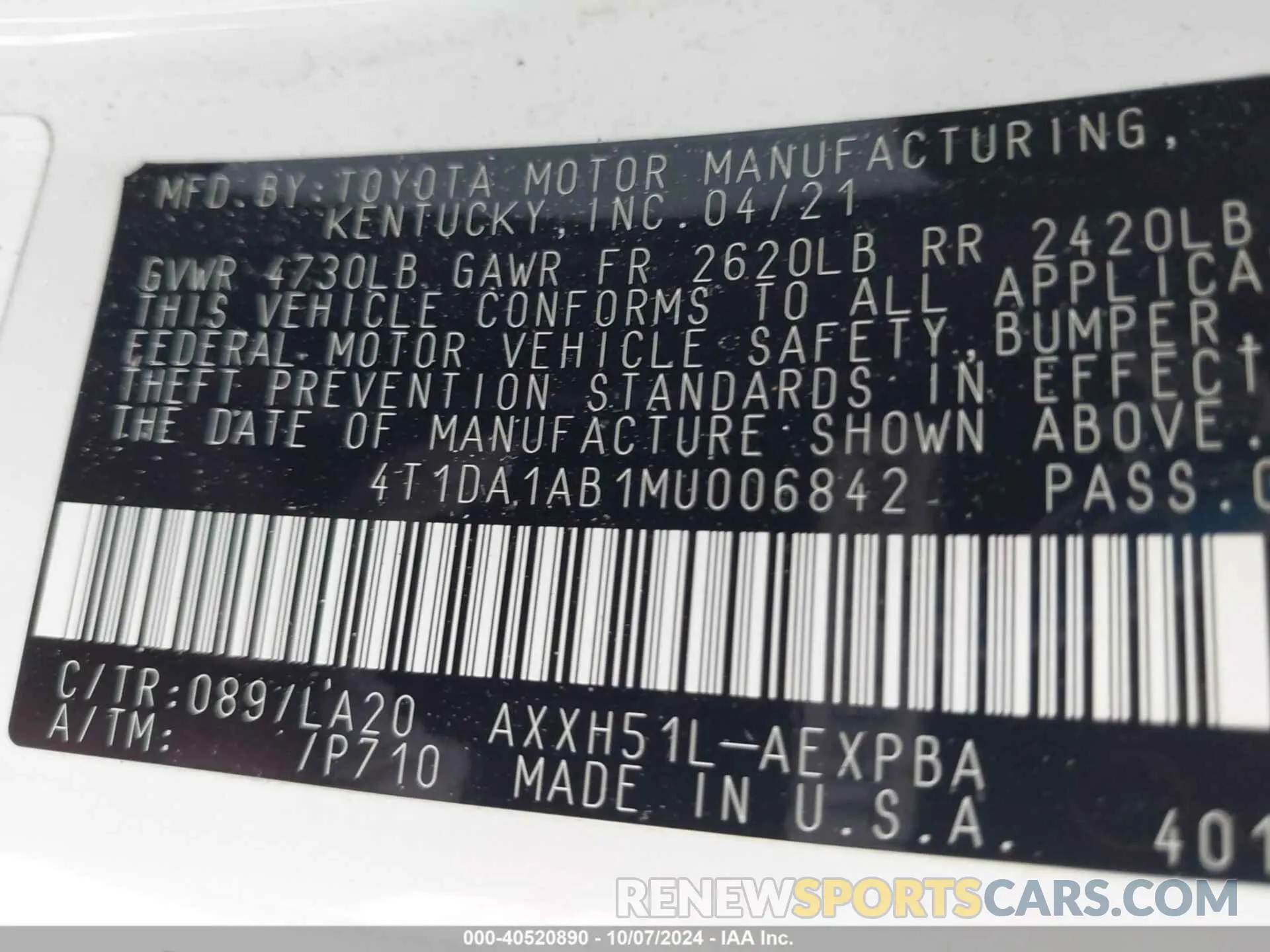 9 Фотография поврежденного автомобиля 4T1DA1AB1MU006842 TOYOTA AVALON 2021