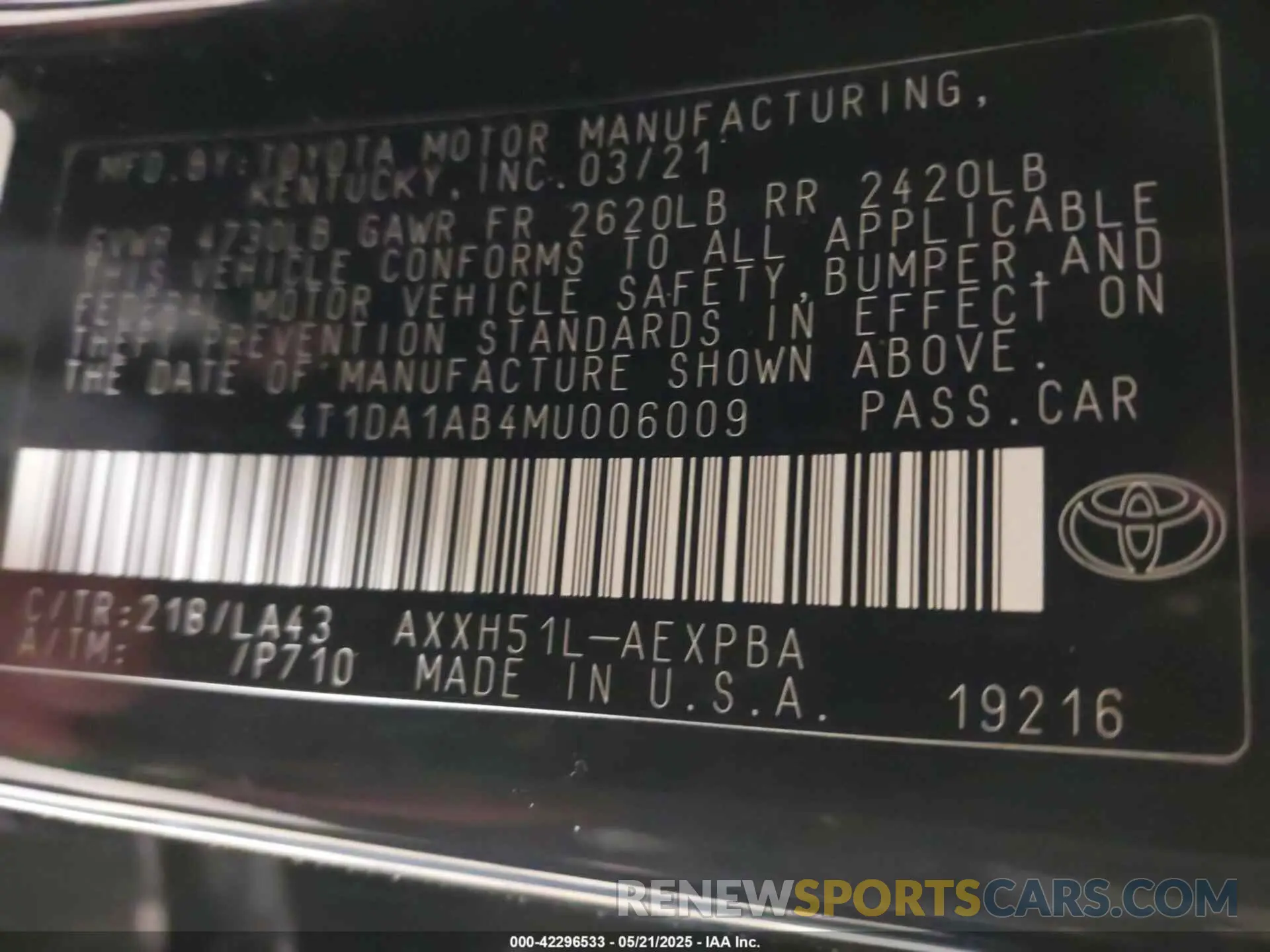 9 Photograph of a damaged car 4T1DA1AB4MU006009 TOYOTA AVALON 2021