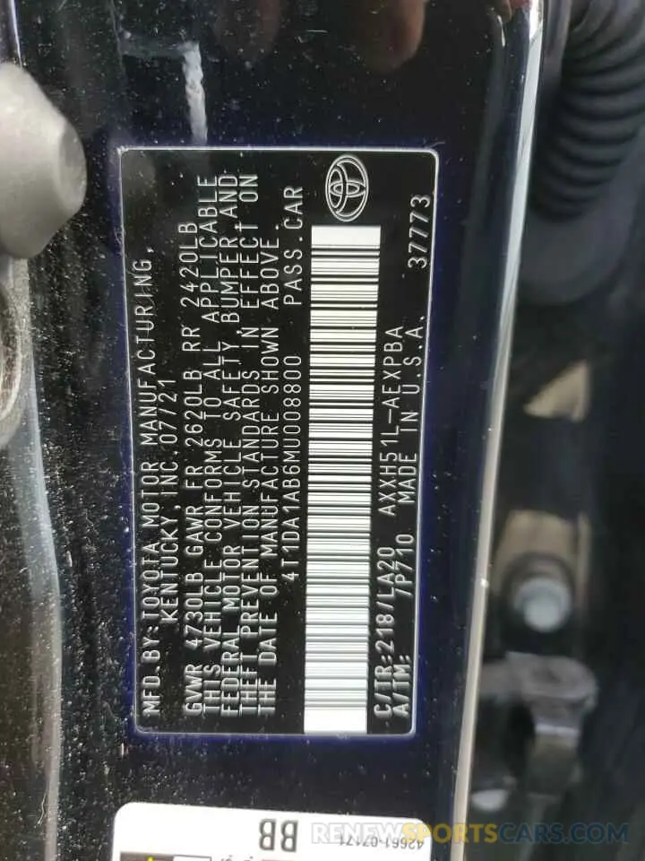 12 Photograph of a damaged car 4T1DA1AB6MU008800 TOYOTA AVALON 2021
