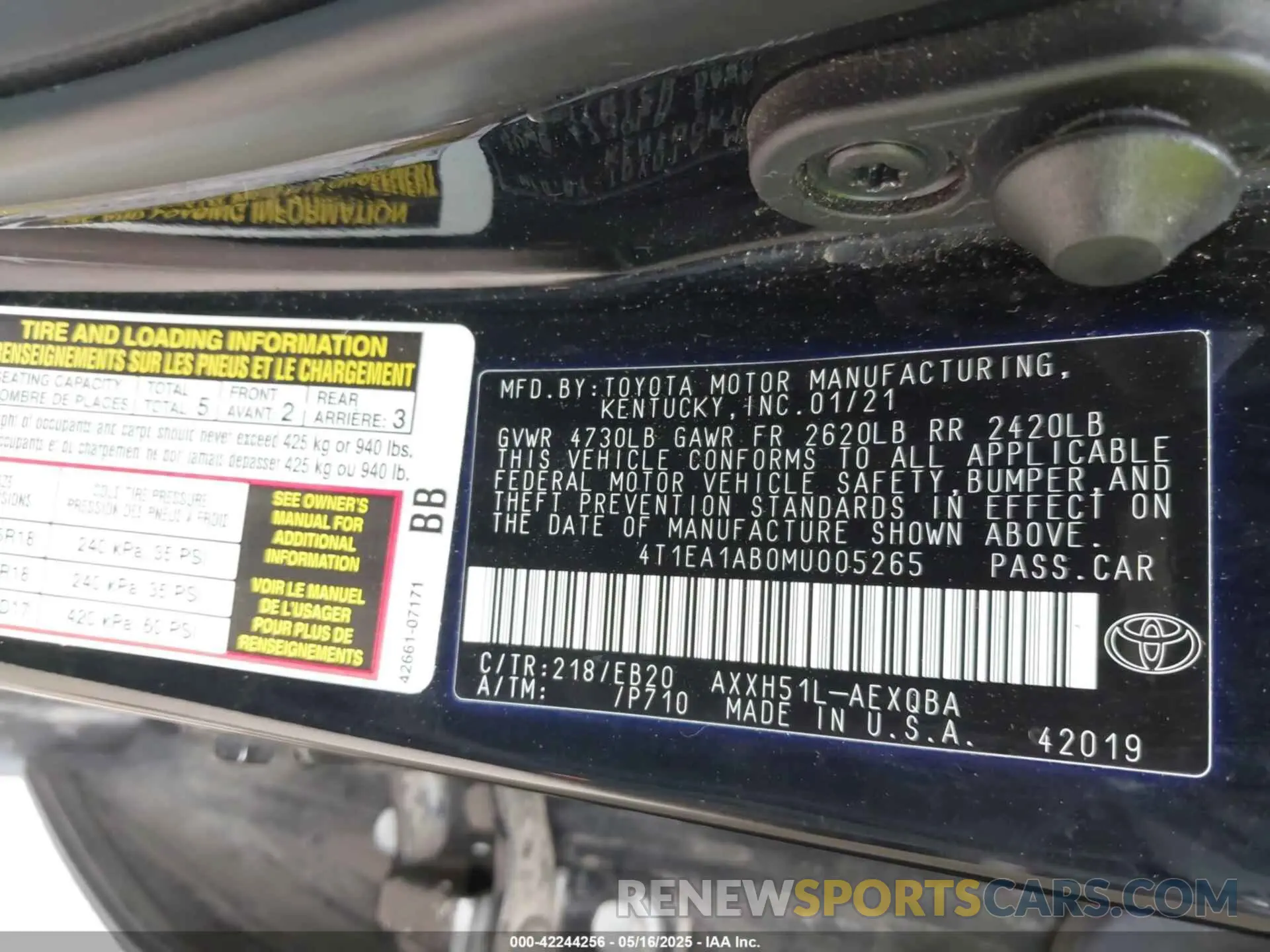9 Photograph of a damaged car 4T1EA1AB0MU005265 TOYOTA AVALON 2021