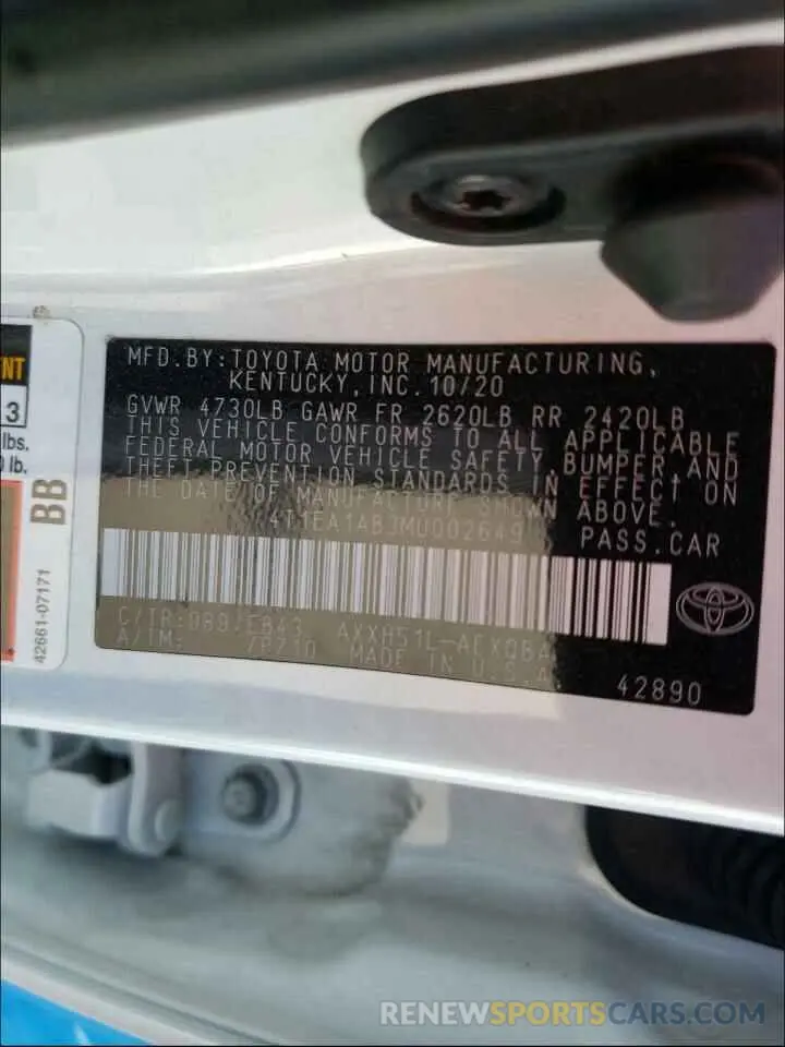 10 Photograph of a damaged car 4T1EA1AB3MU002649 TOYOTA AVALON 2021