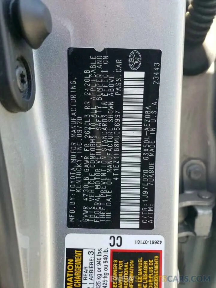 12 Фотография поврежденного автомобиля 4T1EZ1FB8MU056997 TOYOTA AVALON 2021