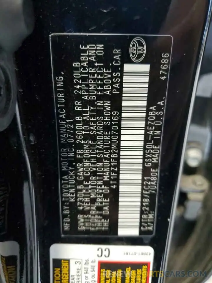 13 Photograph of a damaged car 4T1FZ1FB2MU070169 TOYOTA AVALON 2021