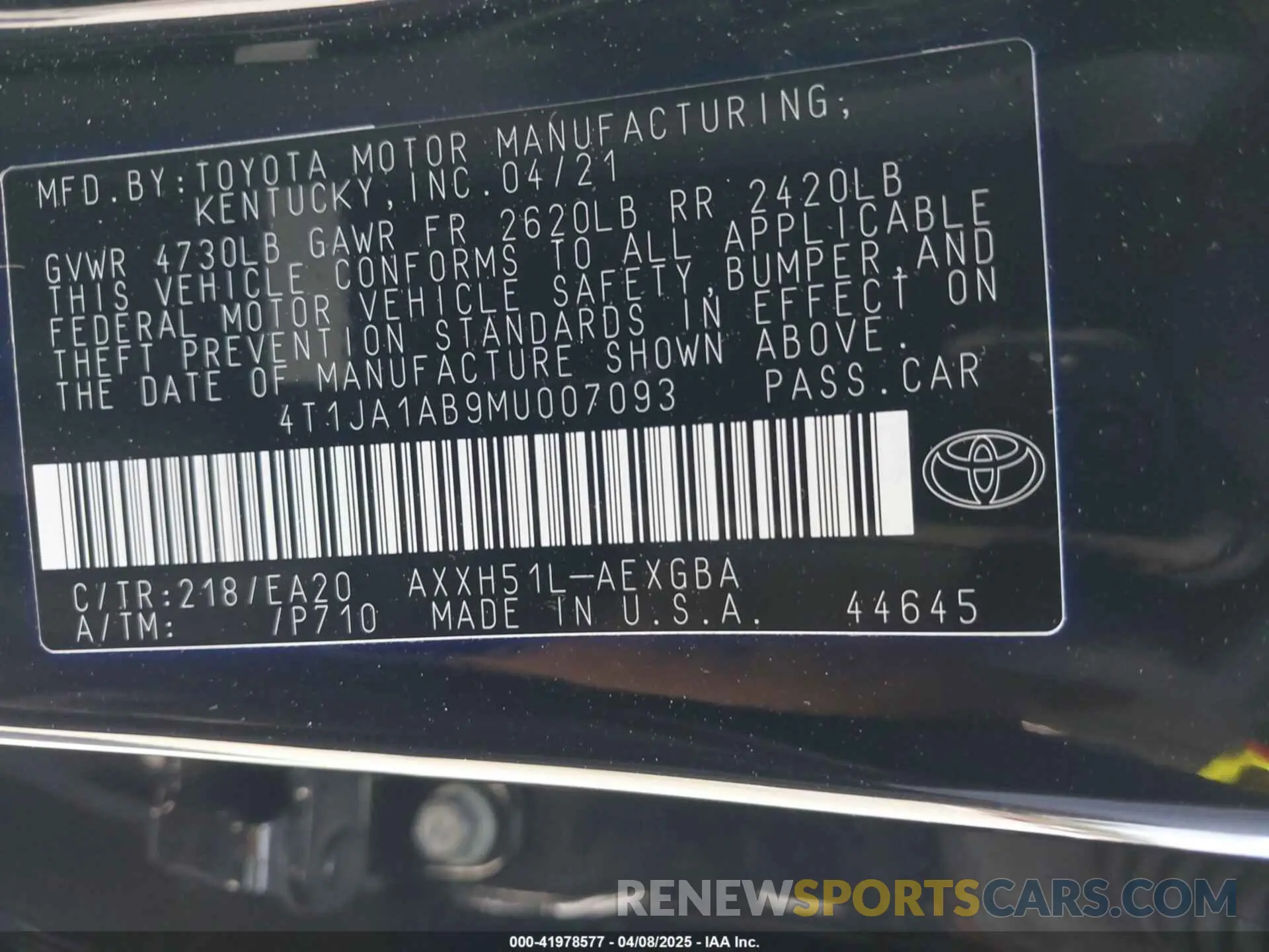 9 Фотография поврежденного автомобиля 4T1JA1AB9MU007093 TOYOTA AVALON 2021