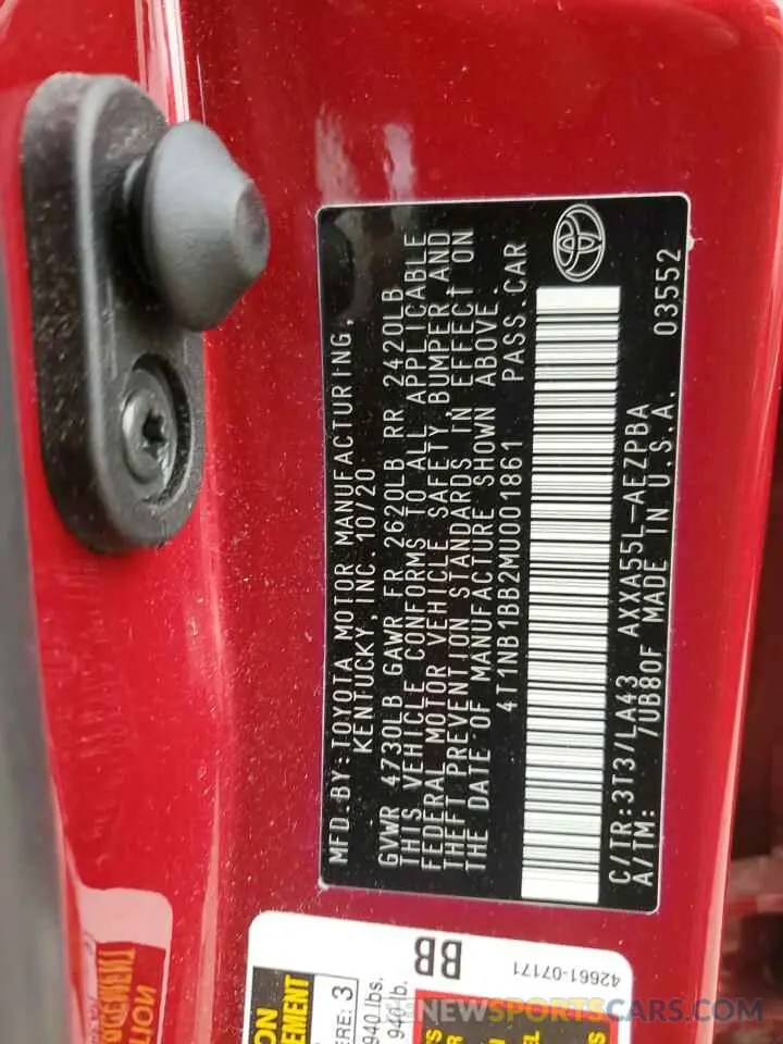 12 Photograph of a damaged car 4T1NB1BB2MU001861 TOYOTA AVALON 2021