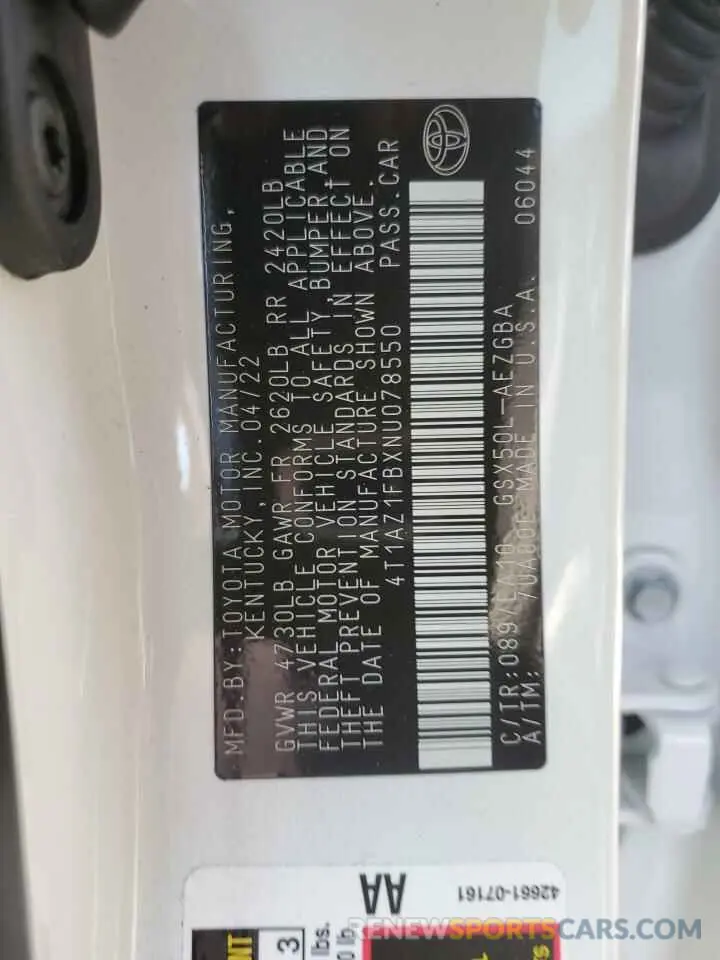 13 Фотография поврежденного автомобиля 4T1AZ1FBXNU078550 TOYOTA AVALON 2022