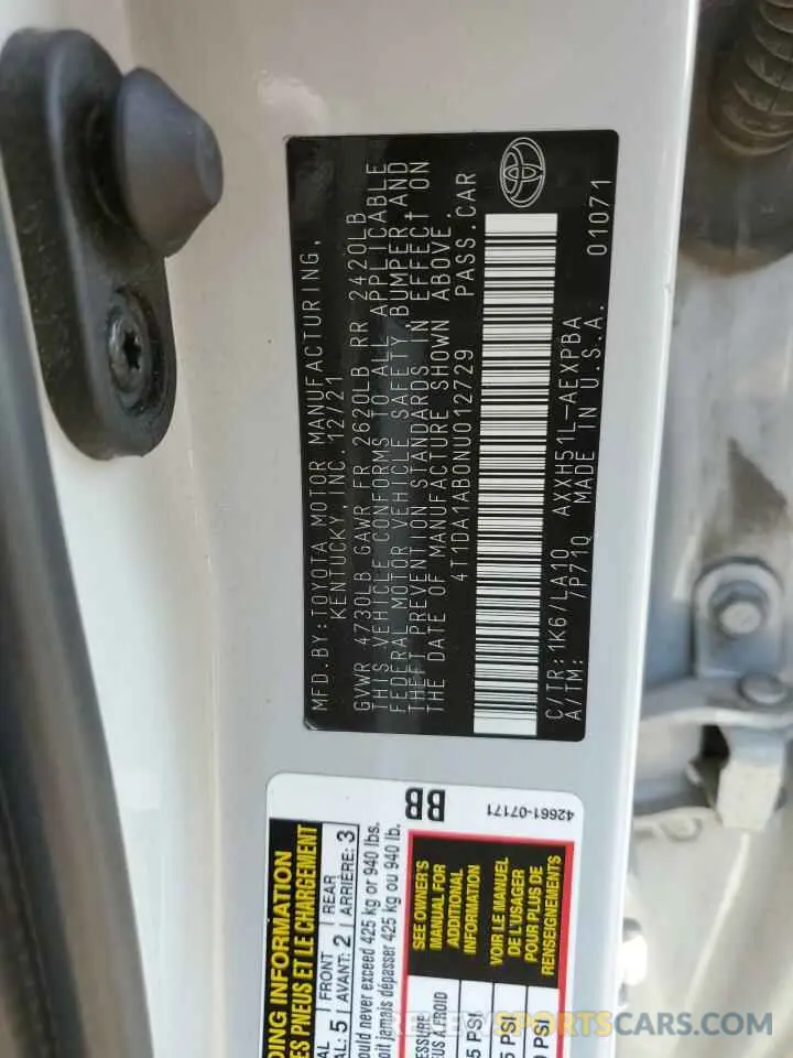 12 Фотография поврежденного автомобиля 4T1DA1AB0NU012729 TOYOTA AVALON 2022