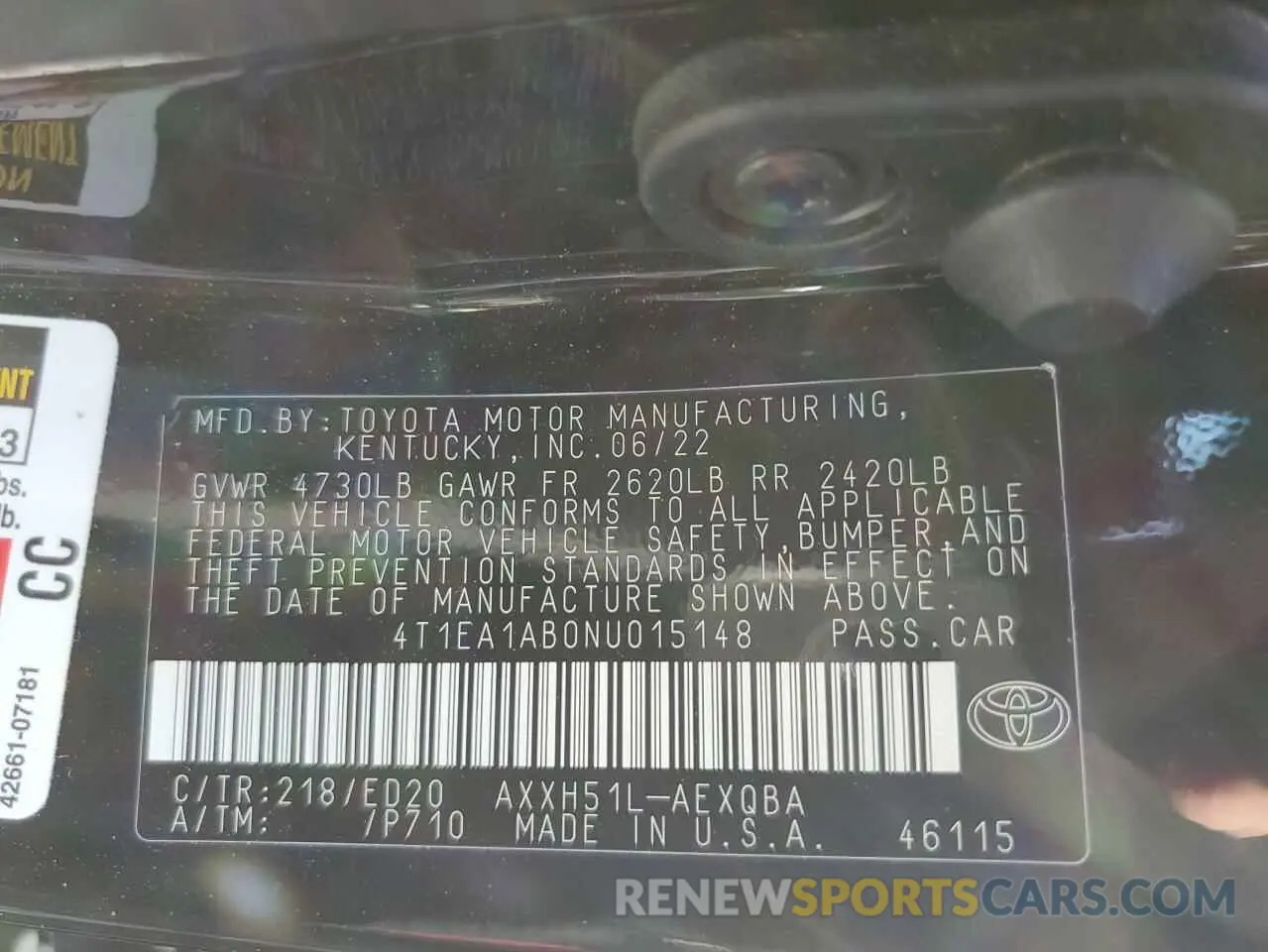 12 Photograph of a damaged car 4T1EA1AB0NU015148 TOYOTA AVALON 2022