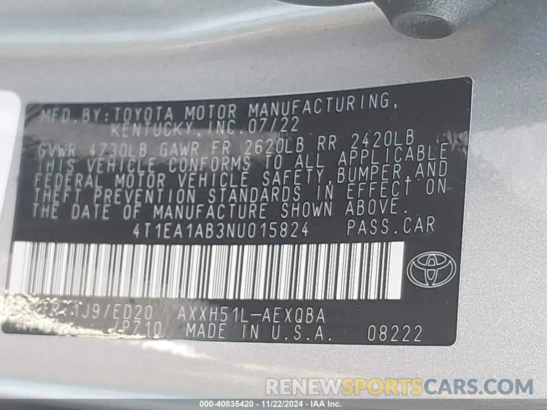 9 Photograph of a damaged car 4T1EA1AB3NU015824 TOYOTA AVALON 2022