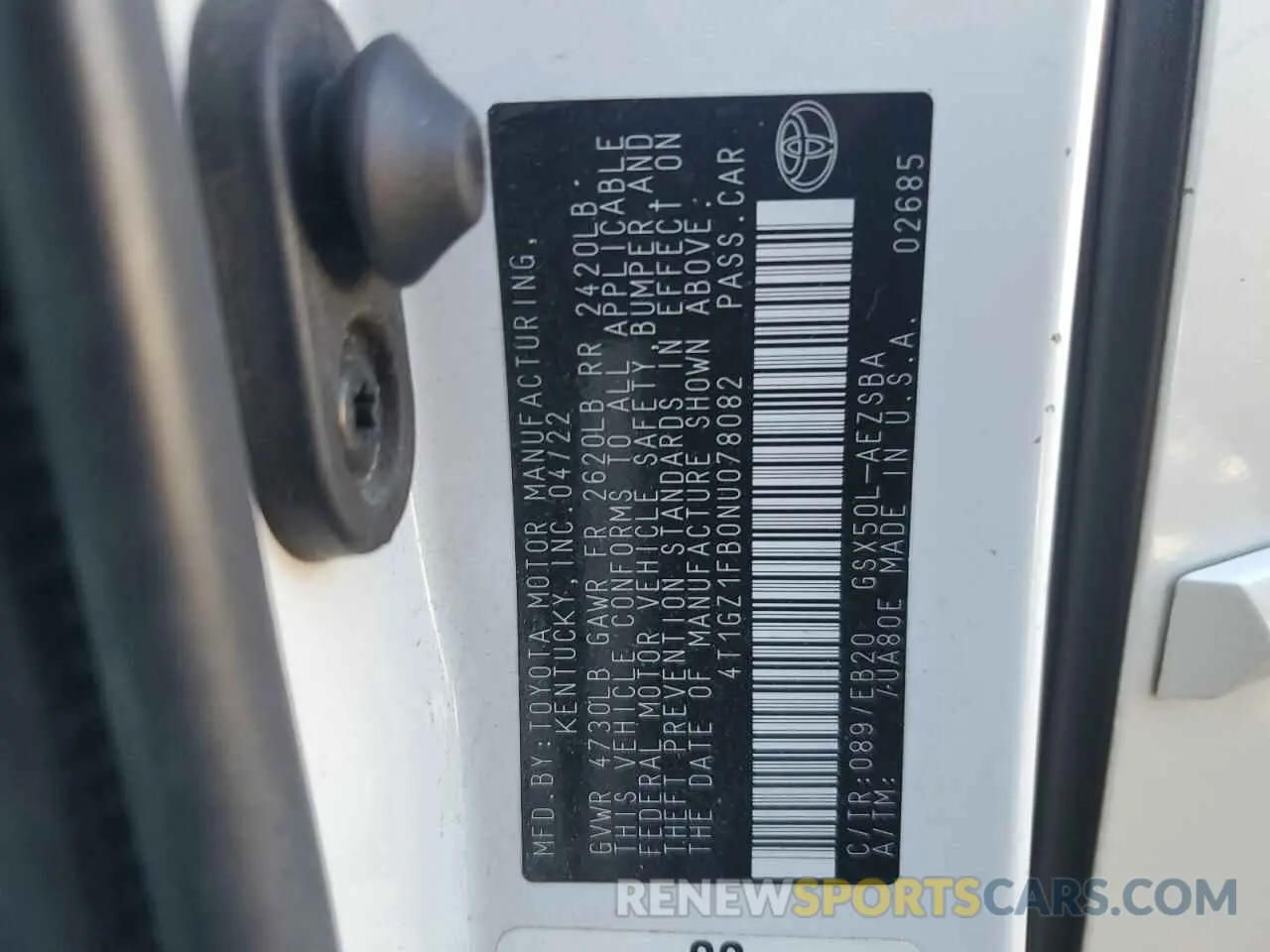 12 Photograph of a damaged car 4T1GZ1FB0NU078082 TOYOTA AVALON 2022