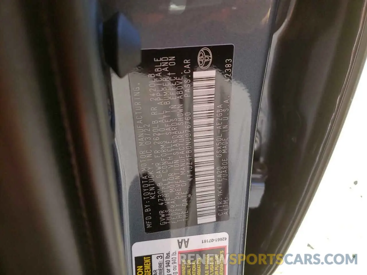 12 Photograph of a damaged car 4T1JZ1FB0NU076760 TOYOTA AVALON 2022