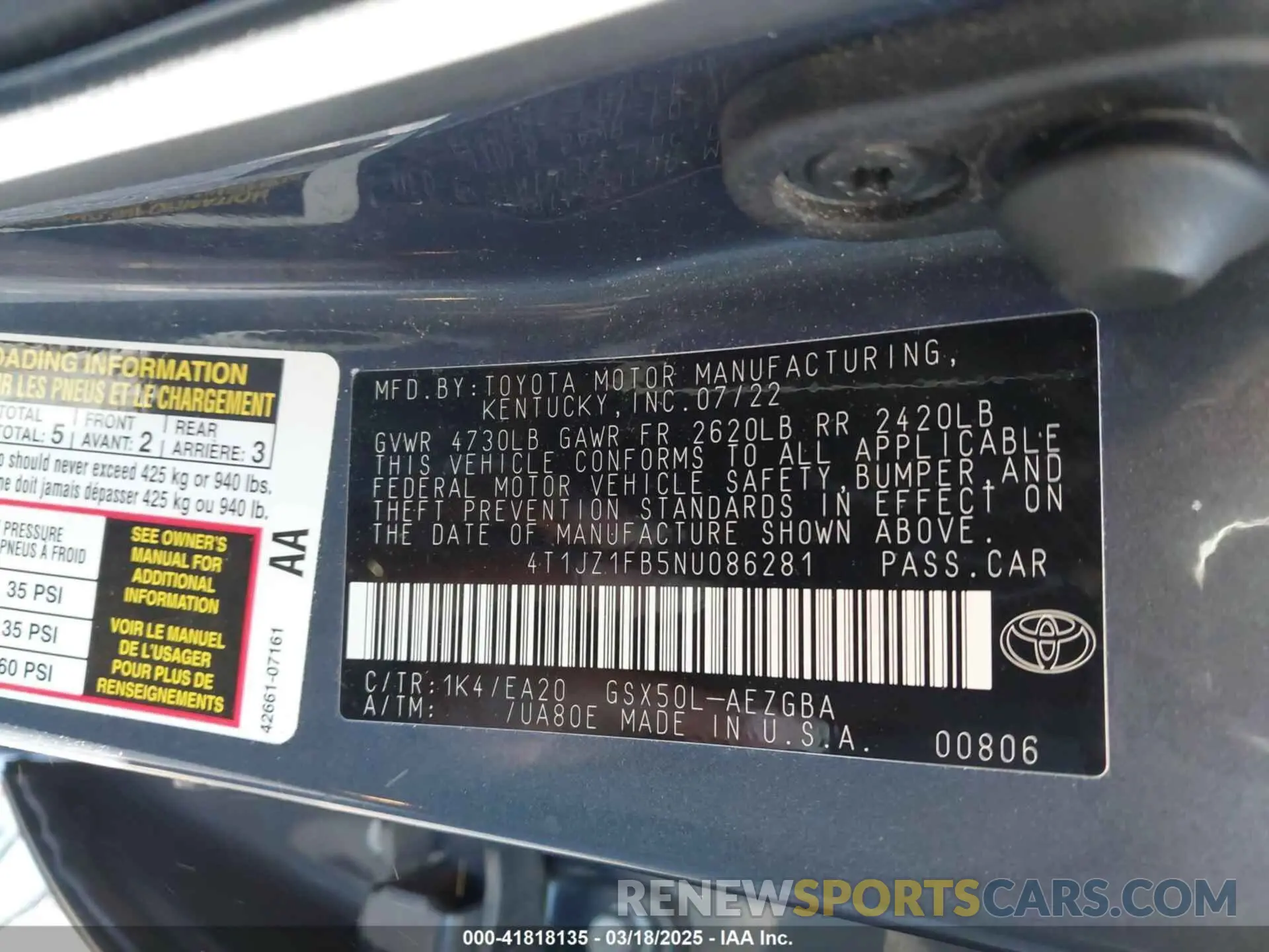 9 Photograph of a damaged car 4T1JZ1FB5NU086281 TOYOTA AVALON 2022