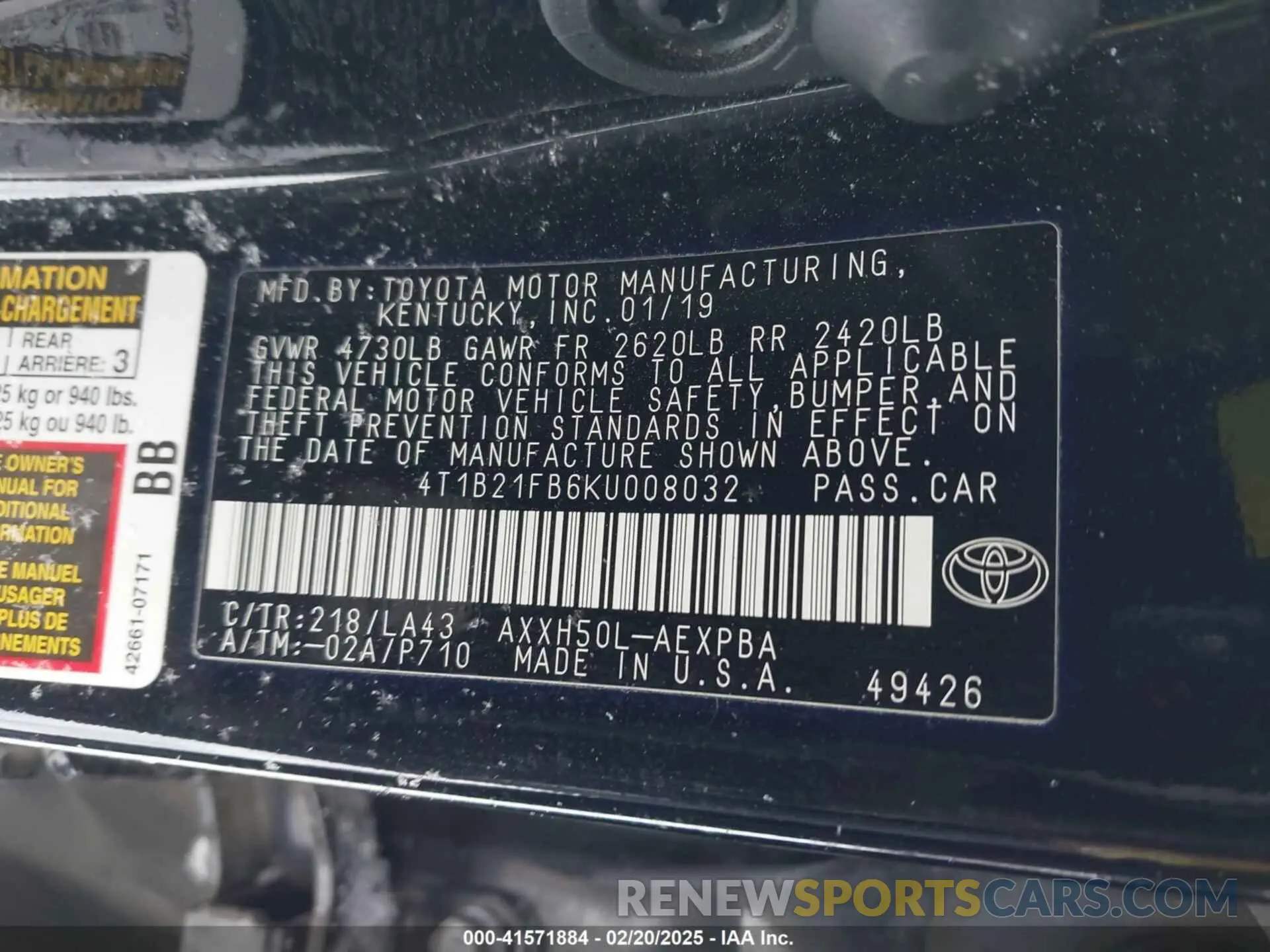 9 Photograph of a damaged car 4T1B21FB6KU008032 TOYOTA AVALON HYBRID 2019